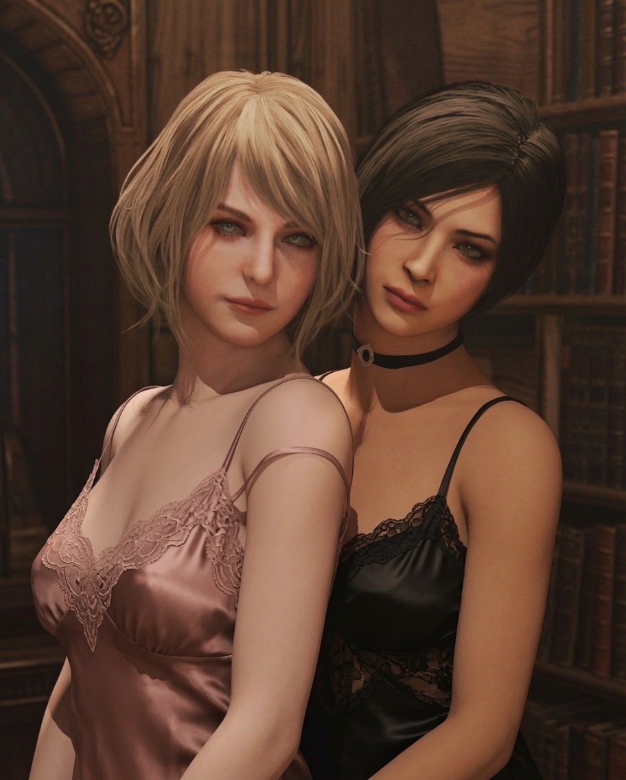 2girls, 3d, ada wong, ada wong (adriana), artist request, ashley graham, ashley graham (ella freya), asian, asian female, bangs, blonde female, blonde hair, blonde-haired female, caucasian, caucasian female, choker, cleavage, female, female only, fluffy hair, lingerie, lingerie only, looking at viewer, medium breasts, medium hair, multiple girls, nightgown, older female, pale skin, pale-skinned female, posing, posing for picture, posing for the viewer, resident evil, resident evil 4, resident evil 4 remake, sleeveless, sleeveless shirt, tagme, teasing, teasing viewer, underwear, video game character, younger female
