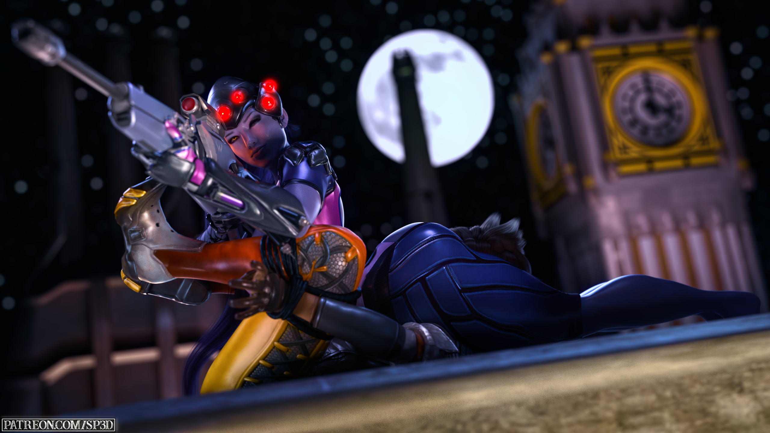 2girls, 3d, alive (overwatch animated short), ass, between thighs, blizzard entertainment, female, female only, gun, huge ass, overwatch, overwatch 2, overwatch archives, rifle, sci-fi, science fiction, scifi, smothering, squarepeg3d, thick thighs, tracer, wide hips, widowmaker
