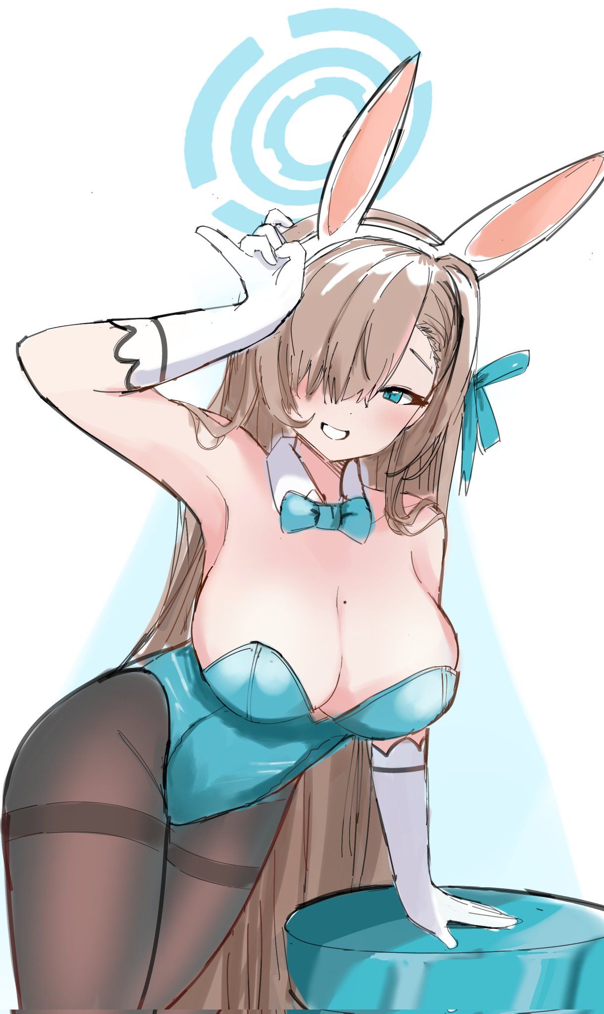 1girls, 2d, 2d (artwork), 2d artwork, arm support, arm up, armpits, asian, asian female, asian girl, asuna (blue archive), asuna (bunny) (blue archive), background, big boobs, big breasts, blank background, blue archive, blue bowtie, blue bunnysuit, blue eyes, blue hair ribbon, blue hair tie, blue halo, blue leotard, blue ribbon, blue topwear, blue-eyed female, bowtie, breasts, brown legwear, brown pantyhose, brown stockings, brown tights, bunny costume, bunny ears, bunnygirl, bunnygirl outfit, bunnysuit, busty, busty female, busty girl, busty teen, busty teenager, cleavage, collar, collarbone, curvaceous, curvaceous body, curvaceous female, curvaceous figure, curvaceous hips, curvaceous teenager, curvy, curvy body, curvy female, curvy figure, curvy hips, curvy teen, digital, digital art, digital drawing, digital drawing (artwork), digital media, digital media (artwork), drawing, elbows, fanart, female, female focus, female only, fingers, from front, front view, grin, grinning, grinning at viewer, groin, hair between eyes, hair covering eye, hair over eye, hair over one eye, hair ribbon, hair tie, halo, hand up, hourglass figure, inguinal crease, inguinal ligament, japanese, japanese female, japanese girl, large boobs, large breasts, lean figure, legs closed, legs together, legwear, leotard, light brown hair, light brown-haired female, light-brown hair, long hair, looking at viewer, maikurorensu, mole, mole on body, mole on breast, mole on chest, monotone background, narrow waist, one color background, pantyhose, parted bangs, parted lips, plain background, portrait, ribbon, shoulders, slender body, slender waist, slim female, slim waist, smile, smiley face, smiling, smiling at viewer, solid color background, solo, standing, stockings, teen girl, teenage female, teenage girl, teenage tits, teenager, thick thighs, thighs, thighs together, tights, top view, topwear, upper body, white background, white bunny ears, white collar, white hairband, wide grin, wide hips, young female, young woman