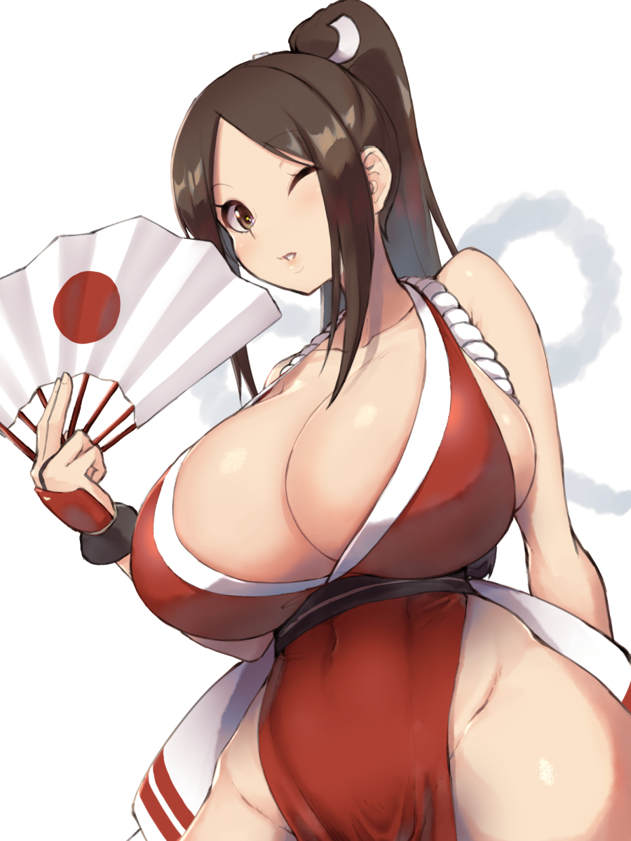 1girls, breasts, brown hair, cleavage, curvy, fan, fatal fury, female, folding fan, huge breasts, king of fighters, kunoichi, long hair, magister (bigbakunyuu), mai shiranui, ninja, no bra, no panties, pelvic curtain, ponytail, revealing clothes, ribbon, sash, sideboob, simple background, solo, wide hips, wink