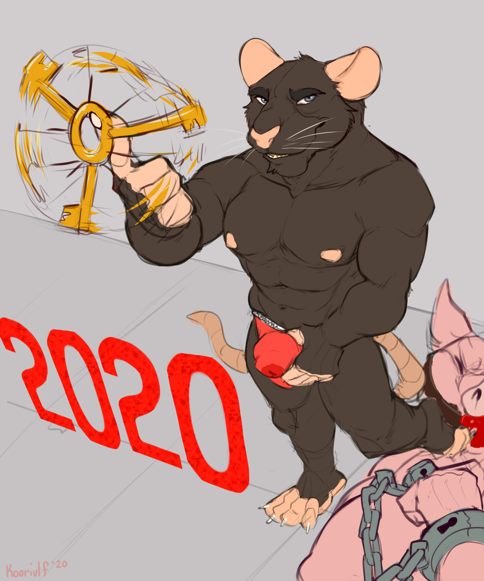 2020 anthro bondage bound bulge claws clothing cuffs_(disambiguation) domestic_pig flaccid fur gag gagged genitals holding_bulge holidays jockstrap key koorivlf male male_only mammal murid murine muscular muscular_male navel nipples nude number penis rat rodent simple_background sketch smile smirk snout solo_focus stepping suid suina sus_(pig) teeth underwear whiskers