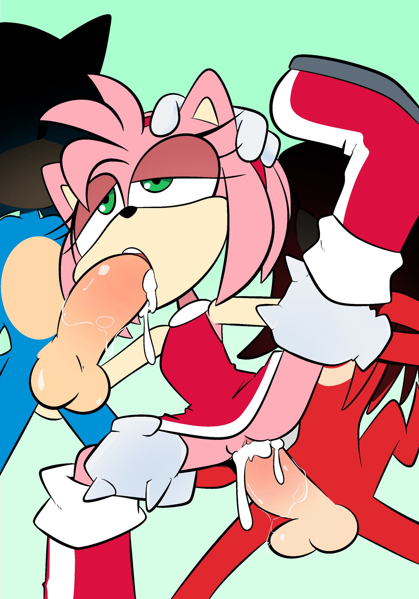 1girls, 2boys, amy rose, anthro, blue fur, cum, cum in mouth, cum in pussy, cum inside, echidna, fellatio, female, fur, green eyes, hedgehog, huge cock, knuckles the echidna, male, mostly nude, oral, p33ls, penis, pink fur, pink hair, pussy, red fur, sega, sonic (series), sonic the hedgehog, sonic the hedgehog (series), spitroast, vaginal penetration