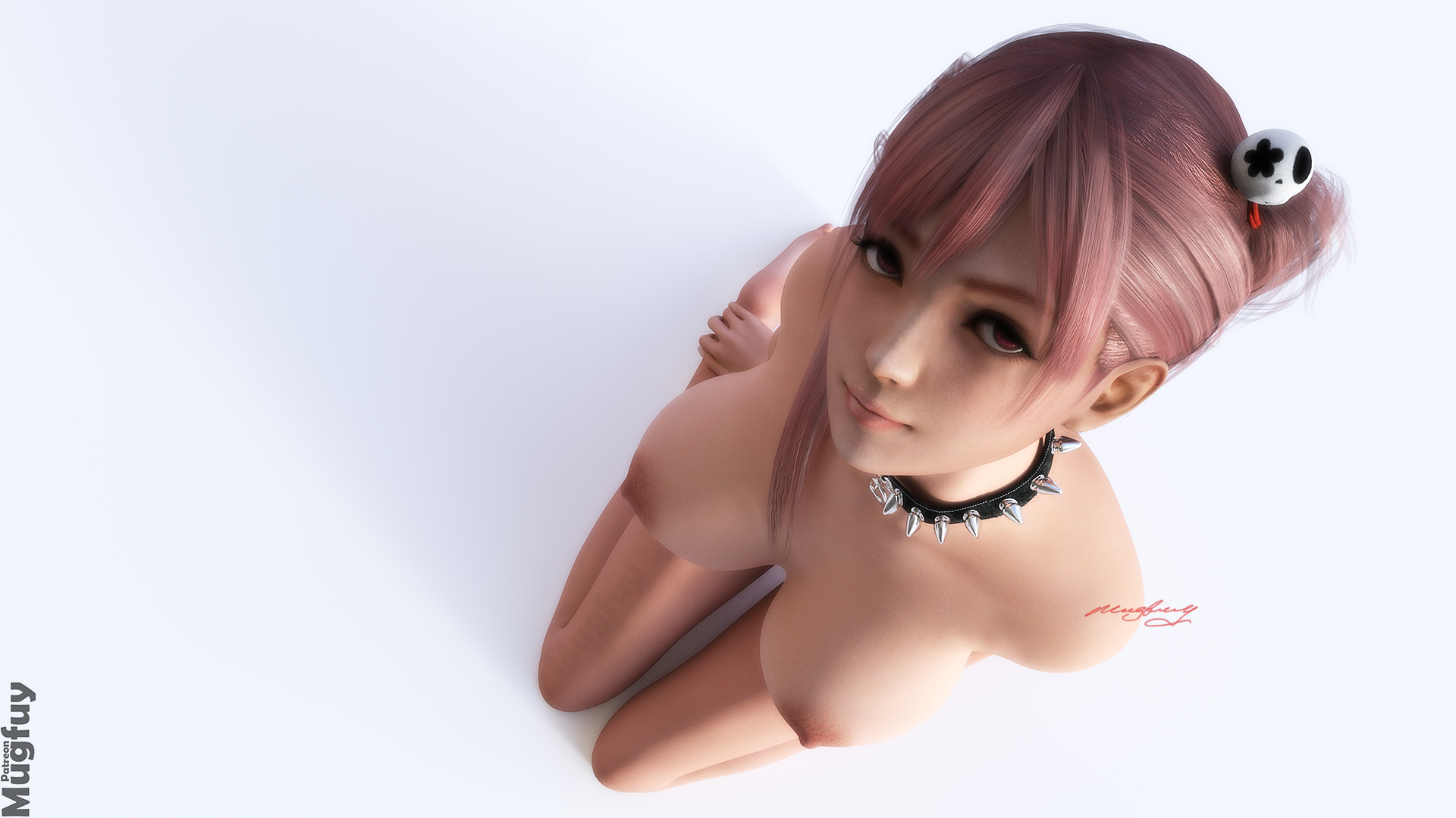 1girls, 3d, alternate version at source, ass, dead or alive, dead or alive 5, dead or alive 5 last round, female, female only, honoka (doa), kneeling, mugfuy, nude, pink hair, rear view, round ass, side ponytail, solo, wallpaper