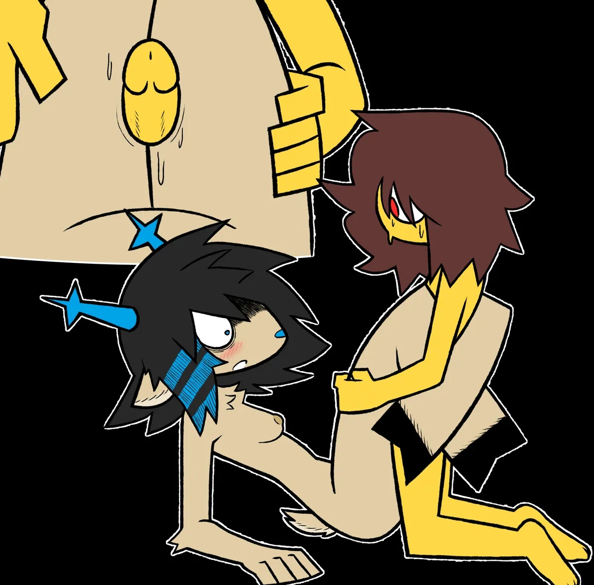 1girls, 1nonbinary, anthro, cat cow, deltarune, dess holiday, furry, human on anthro, kris (deltarune), thighfuck, thighjob, thighs