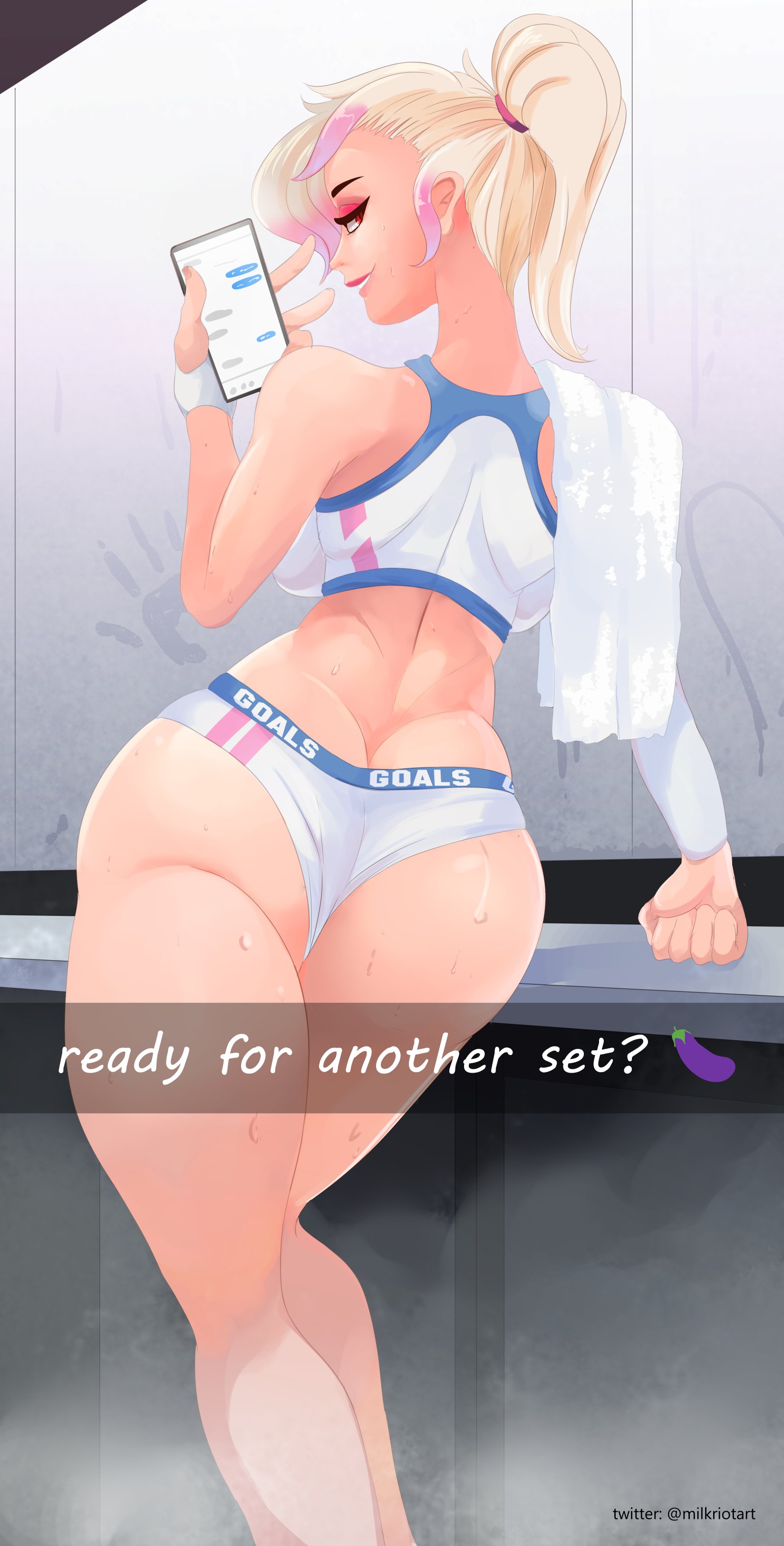 1girls, ass, backboob, blonde hair, breasts, female, gym clothes, gym shorts, looking at viewer, looking back, milkriot, milky (milkriot), original, original character, phone, red eyes, selfie, sports bikini, sports bra, sportswear, steam, suggestive, sweat