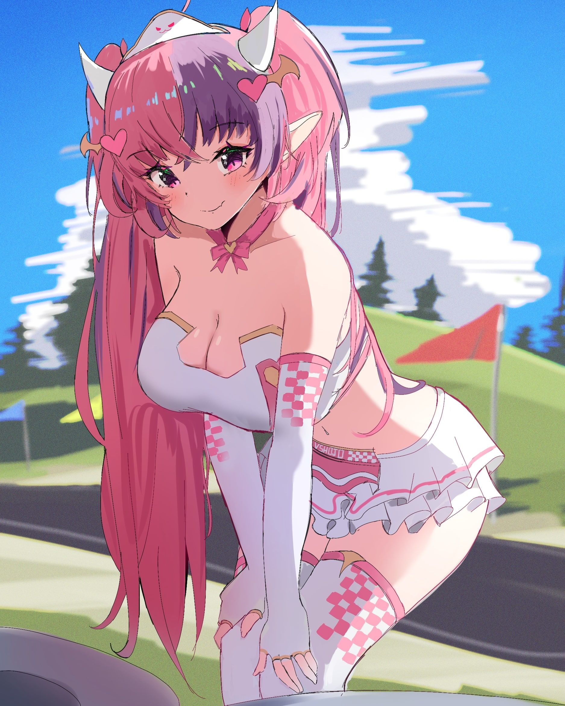 ///, 1girls, 2d, 2d (artwork), 2d artwork, adult, adult female, belly, belly button, big boobs, big breasts, blue sky background, blurred background, blurry background, blush face, blush lines, blushing, blushing female, blushing lines, breasts, busty, busty female, busty girl, cleavage, closed mouth smile, collarbone, curvaceous, curvaceous body, curvaceous female, curvaceous figure, curvaceous hips, curvy, curvy body, curvy female, curvy figure, curvy hips, day, daylight, daytime, digital, digital art, digital drawing, digital drawing (artwork), digital media, digital media (artwork), drawing, elbow gloves, female, female focus, female only, field, field background, fingerless gloves, fingers, flushed, flushed cheeks, flushed face, gloves, hair ornament, hair ornaments, hand on knee, hand on leg, hand on own knee, hand on own leg, hands on knees, hands on legs, hands on own knees, hands on own legs, horn, horns, hourglass figure, indie virtual youtuber, indie vtuber, ironmouse, ironmouse (racing princess), knees, large boobs, large breasts, lean figure, leaning, leaning forward, legs closed, legs together, legwear, long gloves, long hair, looking at viewer, maikurorensu, mature, mature female, mature woman, narrow waist, navel, outdoor, outdoor background, outdoors, outside, pink eyes, pink hair, pink hair female, pink-eyed female, pink-haired female, portrait, purple hair, purple-haired female, racing track, shoulders, skirt, sky background, slender body, slender waist, slim female, slim waist, smile, smiley face, smiling, smiling at viewer, solo, standing, stockings, thick thighs, thigh highs, thighhighs, thighs, thighs together, tied hair, touching knee, touching knees, touching leg, touching legs, touching own knee, touching own knees, touching own leg, touching own legs, two side up, upper body, virtual youtuber, vtuber, vtuberfanart, white elbow gloves, white fingerless gloves, white gloves, white horn, white horns, white legwear, white long gloves, white skirt, white stockings, white thigh highs, white thighhighs, wide hips, woman, youtuber, youtuber girl