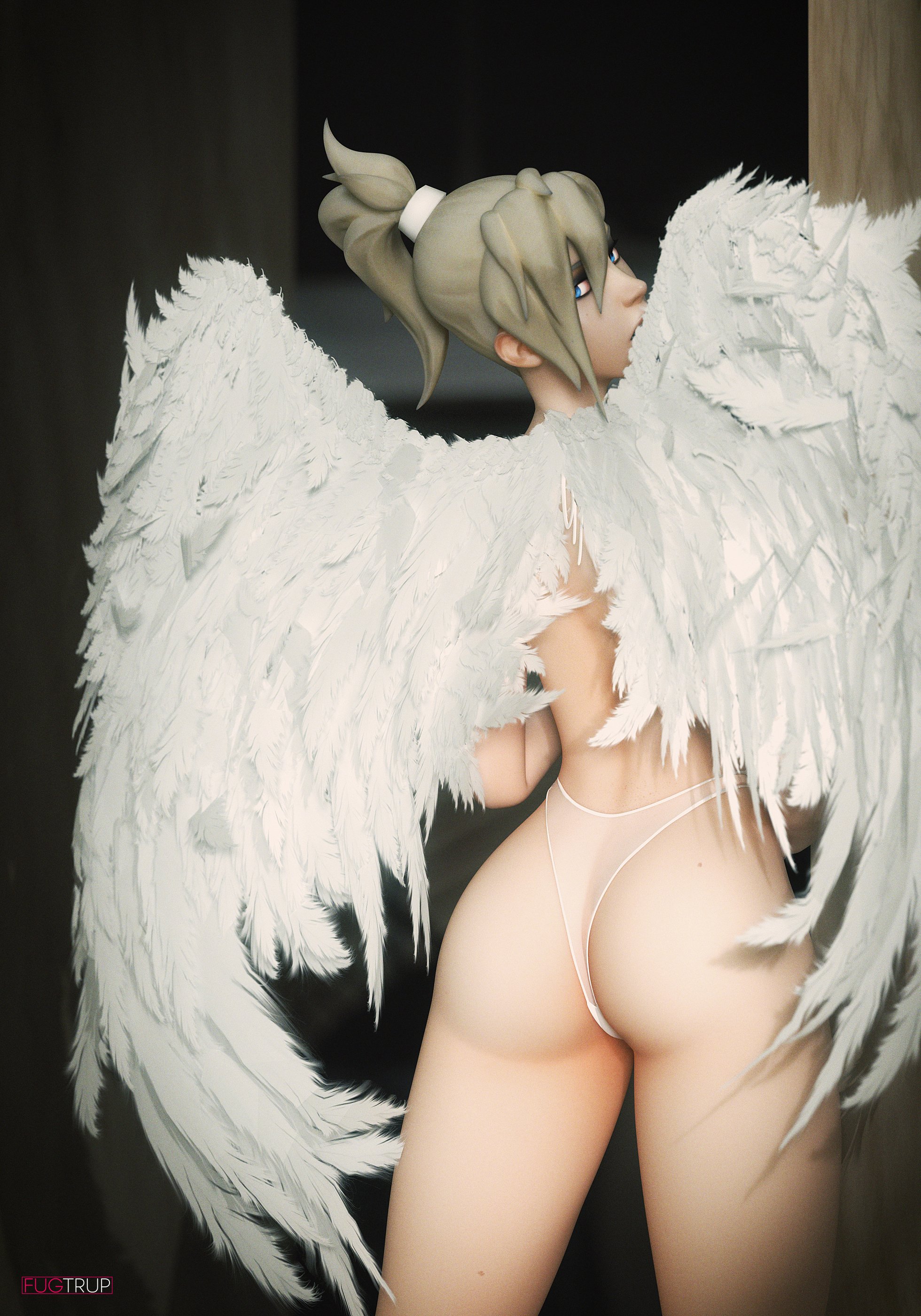 1girls, 3d, ass, blonde hair, female, female only, fugtrup, large ass, looking at viewer, looking back, mercy, overwatch, panties, solo, thong, topless, wide hips