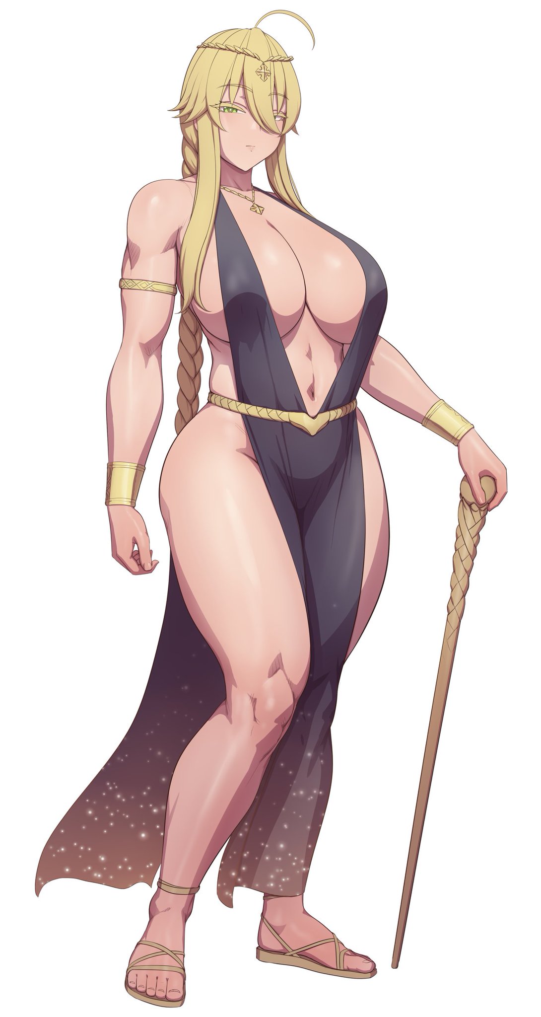 1girls, 2026, 2d, 2d (artwork), armlet, artoria pendragon, artoria pendragon (lancer), black dress, blonde hair, braided hair, braided ponytail, cleavage, cleavage cutout, crossover, crossover cosplay, crown, curvy, curvy body, curvy female, digital drawing (artwork), digital media (artwork), dress, elden ring, fate (series), fate/grand order, female, female focus, female only, fromsoftware, gold jewelry, green eyes, hourglass figure, hourglass figured female, light skin, light-skinned female, lvl (sentrythe2310), milf, necklace, older female, queen marika the eternal (cosplay), revealing clothes, revealing dress, sandals, simple background, solo, thighs, voluptuous, voluptuous female, weapon, white background