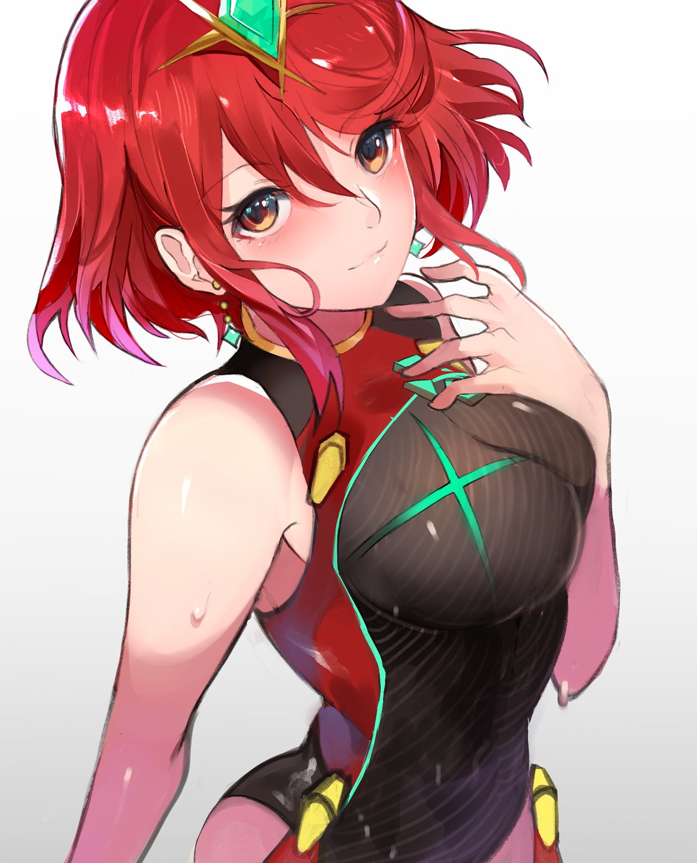 1girls, bare arms, bikini, breasts, female, highres, looking at viewer, pyra, red hair, short hair, smile, swimsuit, tarbo (exxxpiation), xenoblade (series), xenoblade chronicles 2