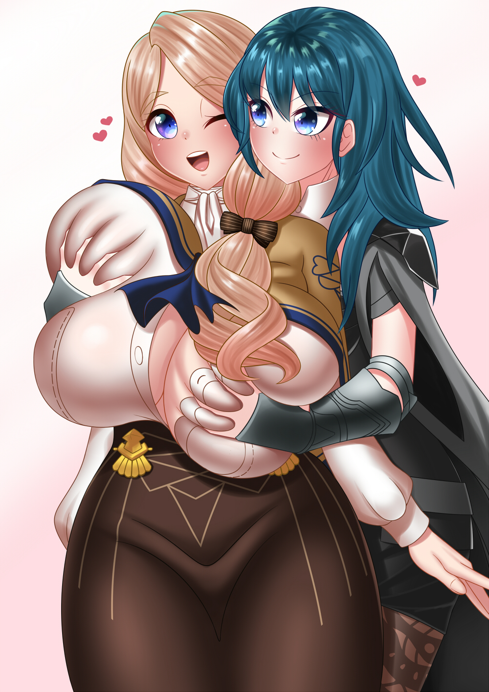 2girls, artist request, breast grab, breasts, byleth (fire emblem), byleth (fire emblem) (female), cleavage, female, female only, fire emblem, fire emblem: three houses, from behind, garreg mach monastery uniform, groping, groping from behind, huge breasts, leggings, mercedes von martritz, nintendo, shorts, source request, teacher, teacher and student, yuri