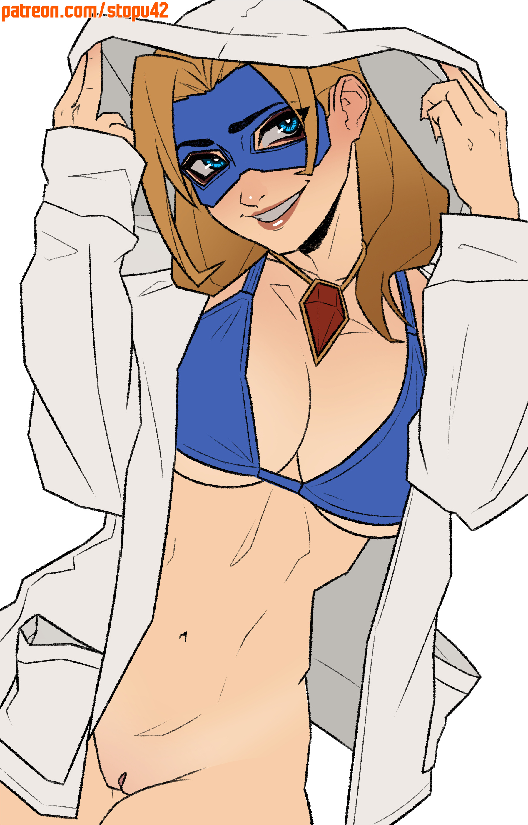 1girls, adhoc studio, big breasts, blonde blazer, blonde hair, blue eyes, bottomless, brown hair, coat, completely nude, completely nude female, dispatch, dispatch (game), hat, hooded coat, hoodie, large breasts, looking at viewer, mandy (dispatch), nude, nude female, original form, pussy, smile, stopu, sun hat, superheroine, true form, vagina