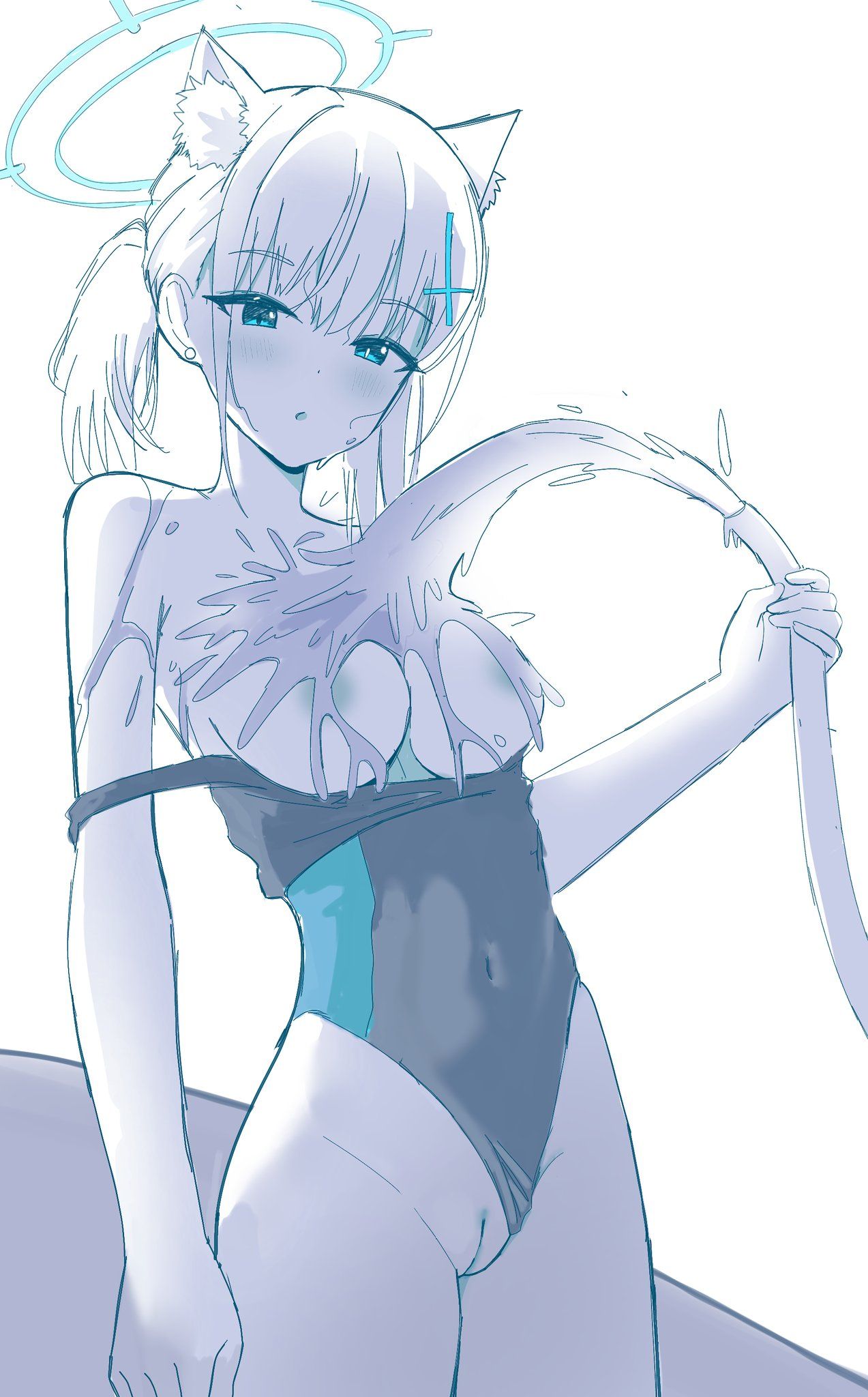 :o, 1girls, 2d, 2d (artwork), 2d artwork, animal ear fluff, animal ears, areolae, asian, asian female, asian girl, background, belly button, big boobs, big breasts, bikini, bikini aside, bikini down, black bikini, black one-piece swimsuit, black swimsuit, black swimwear, blank background, blue archive, blue eyes, blue halo, blue-eyed female, breasts, busty, busty female, busty girl, busty teen, busty teenager, cleft of venus, digital, digital art, digital drawing, digital drawing (artwork), digital media, digital media (artwork), drawing, exposed, eyebrows visible through hair, fanart, female, female focus, female only, fingers, from front, front view, groin, hair ornament, half naked, half nude, halo, inguinal crease, inguinal ligament, japanese, japanese female, japanese girl, large boobs, large breasts, lean figure, legs closed, legs together, maikurorensu, monotone background, naked, naked female, naked woman, narrow waist, navel, nude, nude female, nudity, one color background, one-piece swimsuit, one-piece swimsuit aside, open mouth, parted lips, partially undressed, plain background, plump pussy, plump vulva, ponytail, portrait, pussy, pussy lips, school swimsuit, semi nude, shiroko (blue archive), short ponytail, shoulders, slender body, slender waist, slim female, slim waist, solid color background, solo, sukumizu, swimsuit, swimsuit aside, swimsuit down, swimwear, swimwear aside, swimwear down, teen girl, teenage female, teenage girl, teenage tits, teenager, thighs, thighs together, tied hair, top view, uncensored genitals, uncensored pussy, uncensored vagina, upper body, vulva, vulva line, water, white background, young female, young woman