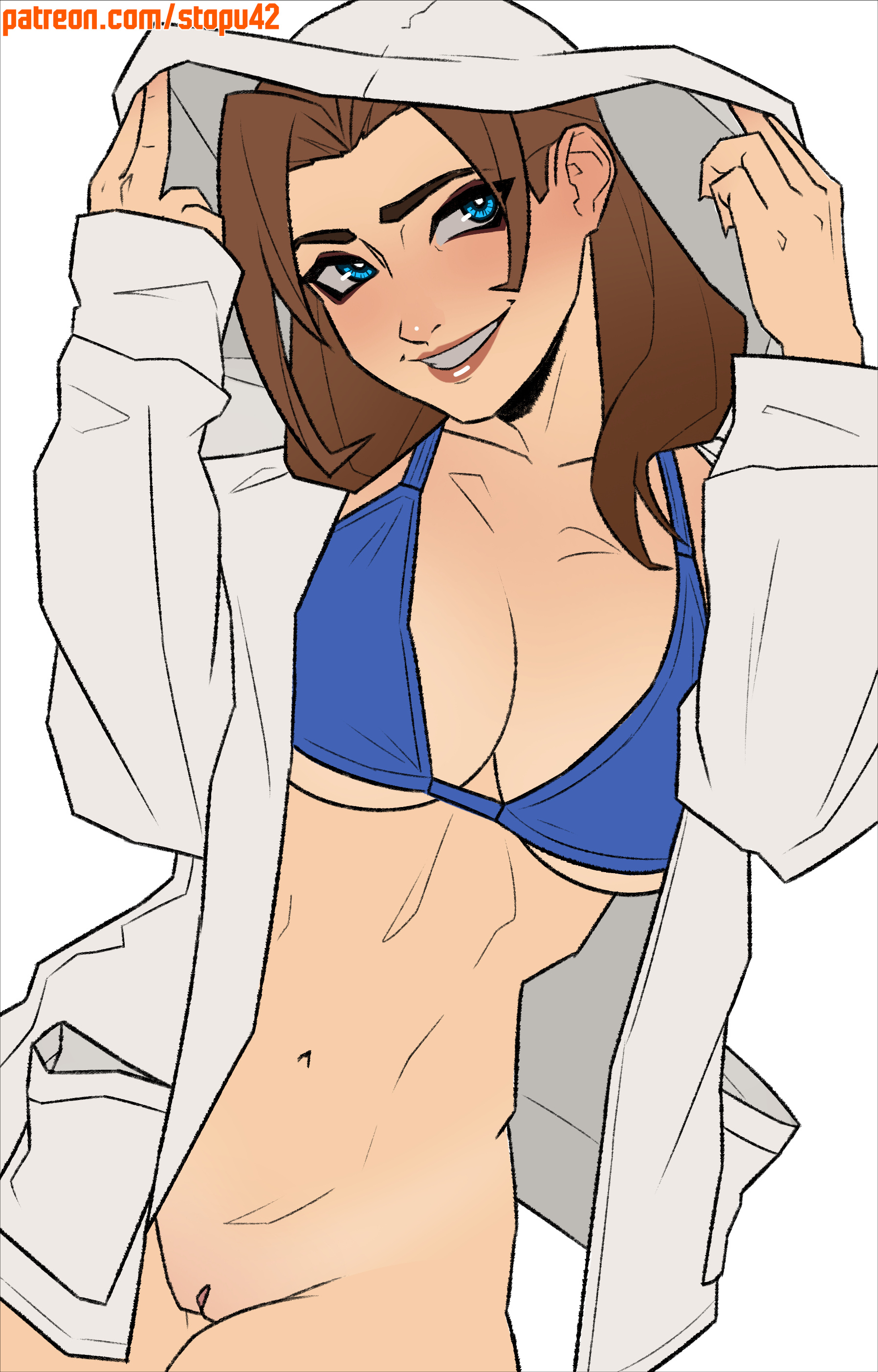 1girls, adhoc studio, big breasts, blonde blazer, blonde hair, blue eyes, bottomless, brown hair, coat, completely nude, completely nude female, dispatch, dispatch (game), hat, hooded coat, hoodie, large breasts, looking at viewer, mandy (dispatch), nude, nude female, original form, pussy, smile, stopu, sun hat, superheroine, true form, vagina
