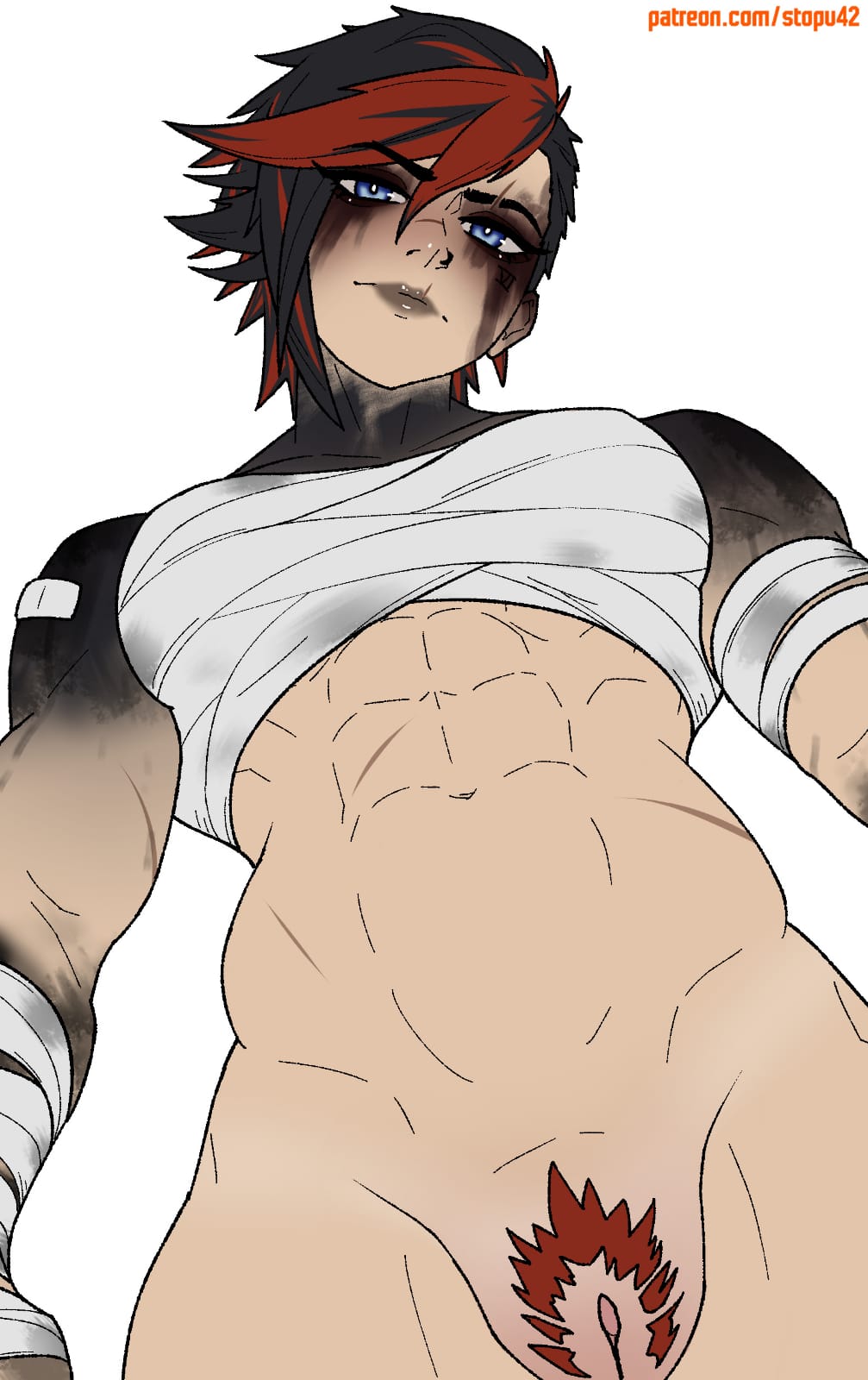 1girl, 1girls, abs, arcane, arcane brawler vi, arcane vi, arcane: league of legends, arena, athletic female, bandage, bandaged arm, bandaged chest, bandages, bandaid, bandaid on shoulder, bare shoulders, belt, black hair, black lips, black pants, blue eyes, breast bandage, breasts, butch, cheek tattoo, closed mouth, collarbone, ear piercing, eyelashes, eyeshadow, female, female abs, female focus, female only, fit female, from below, goth, goth girl, grey belt, highres, league of legends, looking at viewer, looking down, makeup, medium breasts, midriff, multicolored hair, muscular, muscular female, navel, nose, nose piercing, pants, patreon username, piercing, punk, red hair, riot games, scar, scar across eyebrow, scar on face, scar on lip, short hair, simple background, solo, solo female, solo focus, standing, stopu, tattoo, tattooed arm, tomboy, two-tone hair, vi, vi (league of legends), white background