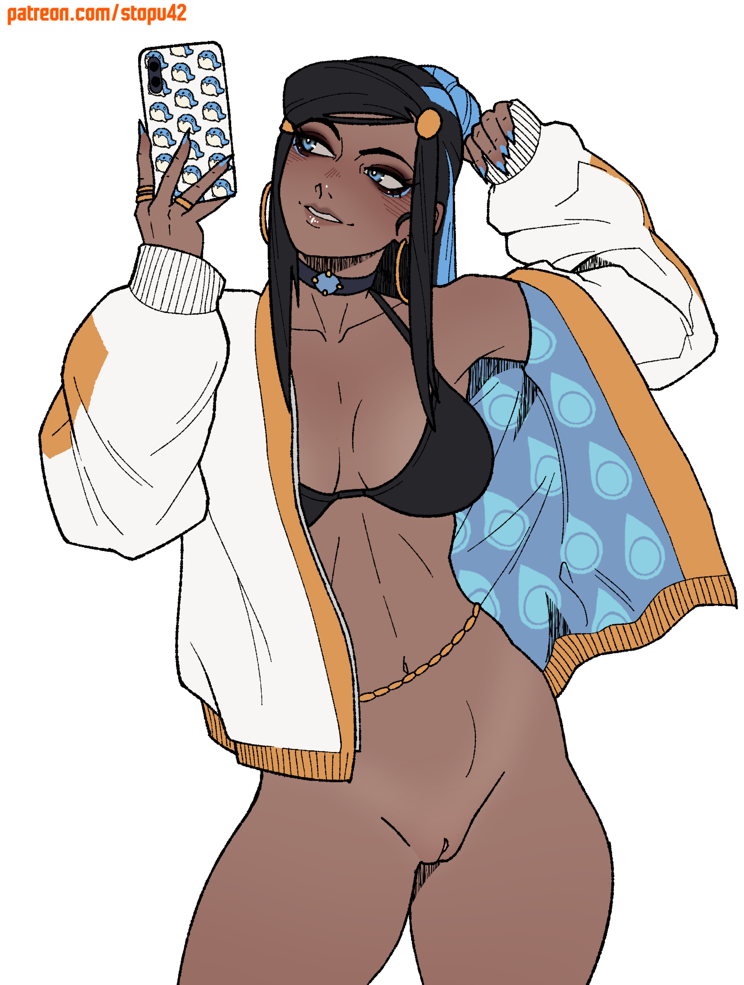 1girls, abs, areolae, athletic female, big breasts, black hair, blue eyes, bra, breasts, dark skin, dark-skinned female, female, female only, jacket, large breasts, mostly nude, muscular, muscular female, nessa (pokemon), nintendo, nipples, no panties, no underwear, nude female, nudes, pokemon, pokemon ss, pussy, selfie, sending nudes, smartphone, solo, standing, stopu, tagme, tanline