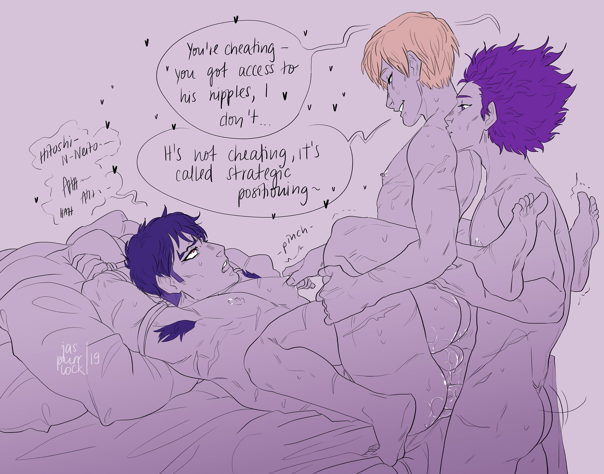 3boys, anal, anal sex, armpit hair, arms above head, bed, blonde hair, blue hair, body hair, eyes rolling back, gay, hitoshi shinso, human, human only, iida tenya, jaspurrlock, male, male only, male penetrating, monoma neito, my hero academia, neito monoma, nipple pinch, nipple play, nipples, penis, pillow, pink eyes, purple background, purple hair, scar, scars, shinsou hitoshi, tenya iida, threesome, yaoi