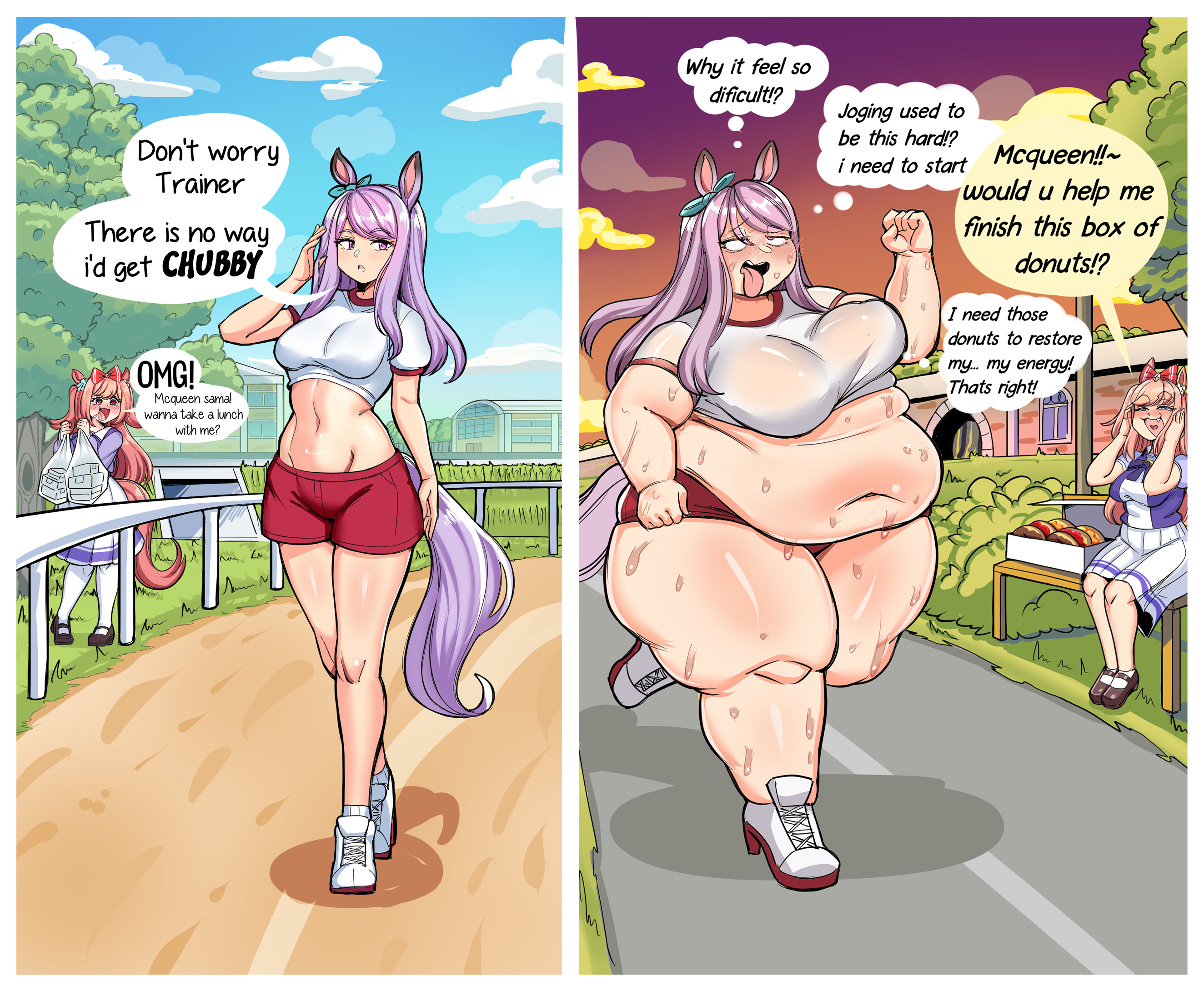 agnes digital (umamusume), belly overhang, chubby female, mejiro mcqueen (umamusume), midriff baring shirt, overweight, overweight female, sweat, tongue out, track and field, track uniform, umamusume, umamusume pretty derby, weight gain, weight gain sequence