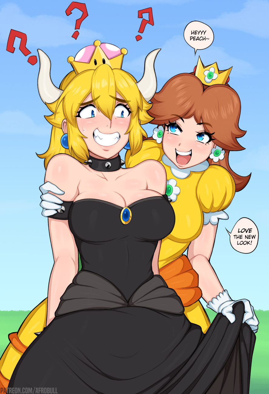 2girls afrobull alternate_breast_size big_breasts black_dress blonde_female bowsette cleavage clothing dress female female_only fully_clothed genderswap grabbing_dress hourglass_figure large_breasts mario_(series) mistaken_identity nervous new_super_mario_bros._u_deluxe nintendo princess_daisy rule_63 shoulderless_dress spiked_armlet spiked_bracelet spiked_collar super_crown super_mario_bros.