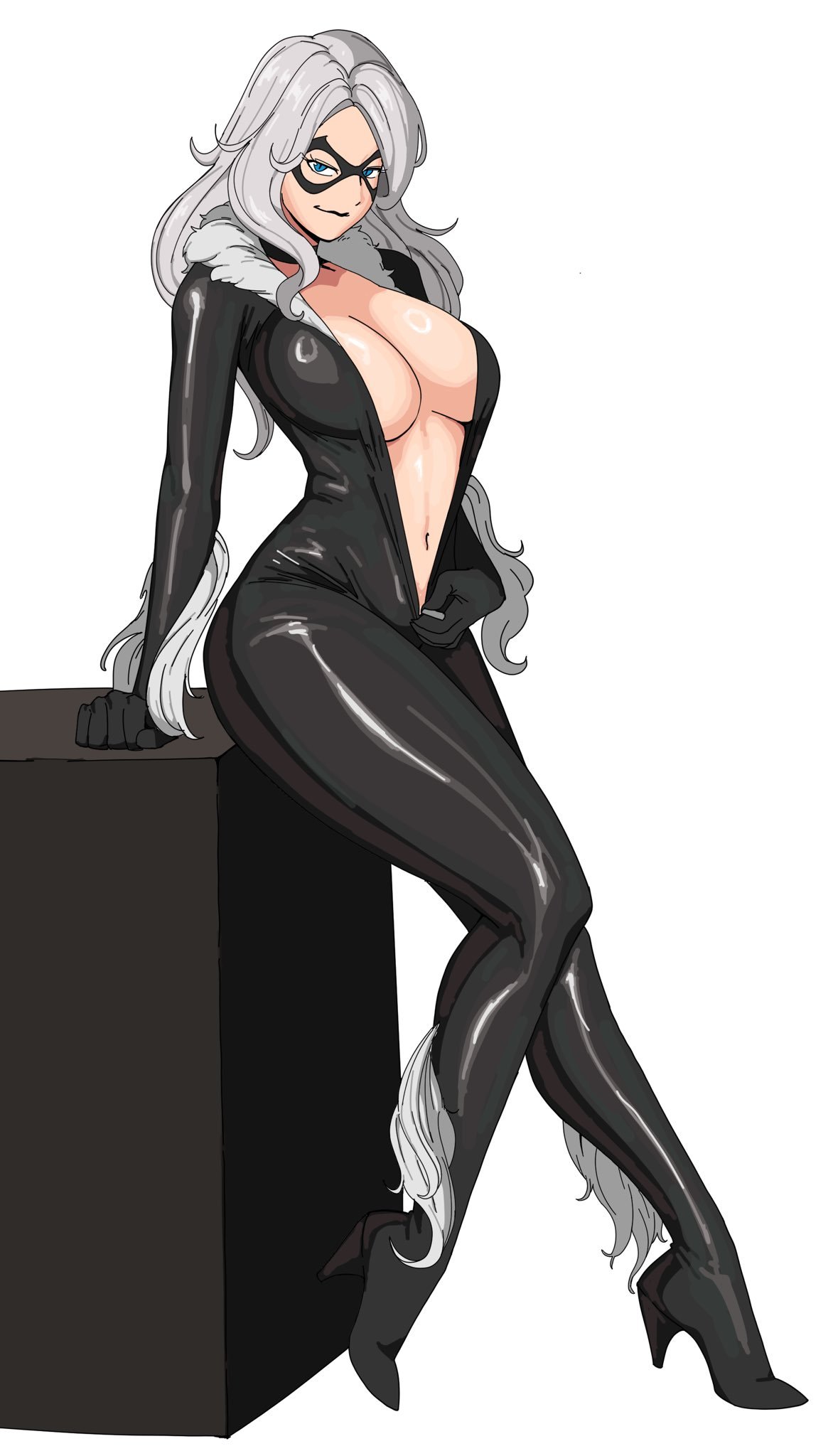 1girls, 2026, alluring, big breasts, black cat (marvel), black mask, blue eyes, bodysuit, breasts, bursting breasts, curvaceous, curvaceous body, curvaceous female, curvaceous figure, curvaceous hips, curvy, curvy body, curvy female, curvy figure, curvy hips, domino mask, enticing, eyemask, felicia hardy, female, hips, hourglass figure, huge breasts, large breasts, light skin, light-skinned female, looking at viewer, marvel, marvel comics, mask, masked, masked female, massive breasts, octavius dp, open bodysuit, open clothes, seducing, seductive, seductive look, seductive pose, shiny, shiny breasts, shiny clothes, shiny skin, skin tight, spider-man (series), superheroine, teasing, teasing viewer, temptation, tempting, tempting viewer, thick, thick breasts, thick hips, thick thighs, tight clothes, tight clothing, unzipped, unzipped bodysuit, unzipping, unzipping bodysuit, voluptuous, voluptuous female, white background, white fur, white hair, wide hips, zipper, zipper down, zipper pull tab