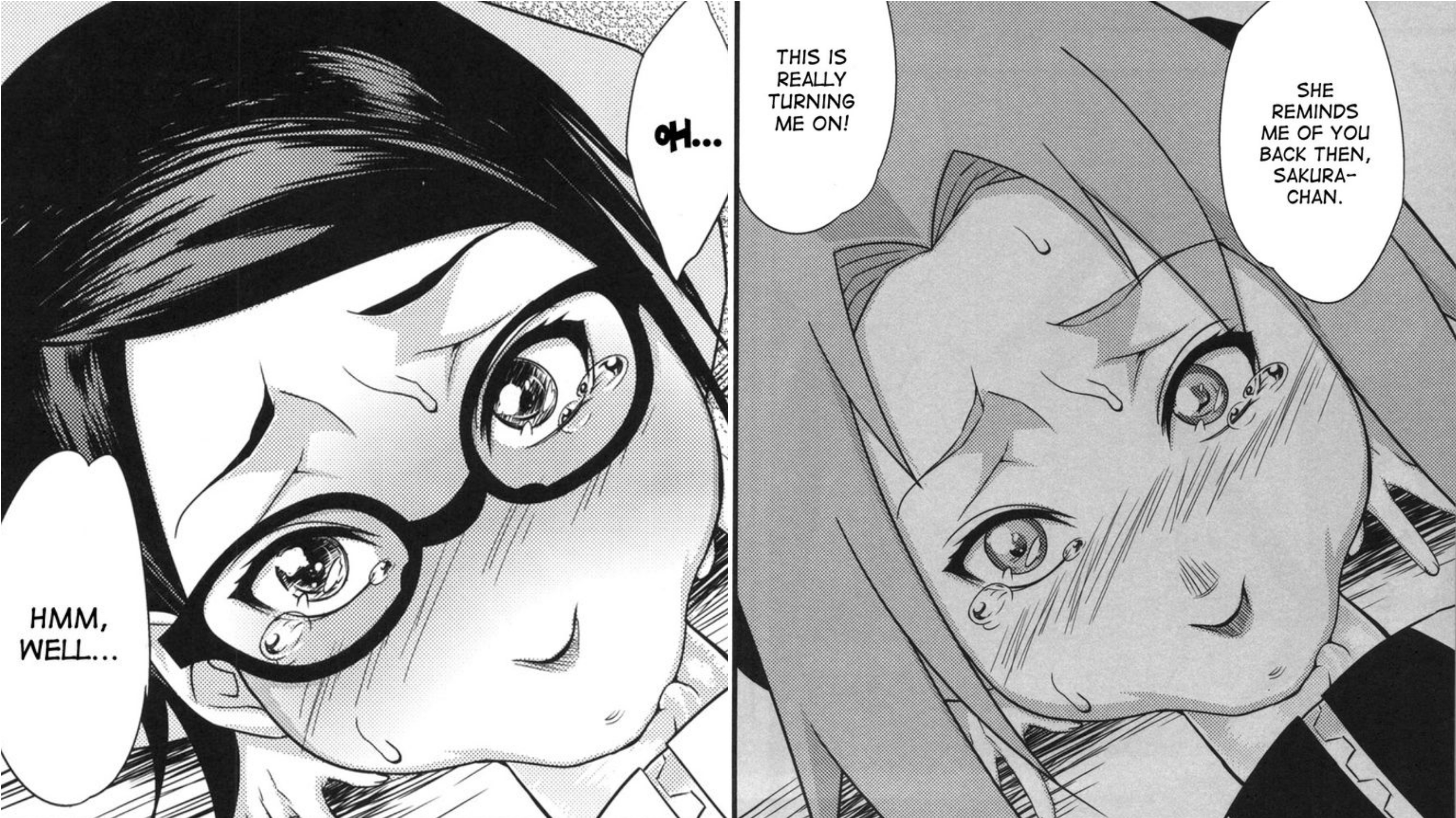 1boy, 2girls, adult and teenager, age difference, black hair, blowjob, blush, boruto: naruto next generations, comic, crying, cute, deepthroat, dirty talk, eye contact, female, glasses, line art, male, monochrome, mother and daughter, naruto, naruto (series), older on younger, oral, petite, pov, sakura haruno, sarada uchiha, short hair, skinny, slim, sucking, sunahara wataru, tagme, teenager, text, uzumaki naruto, young