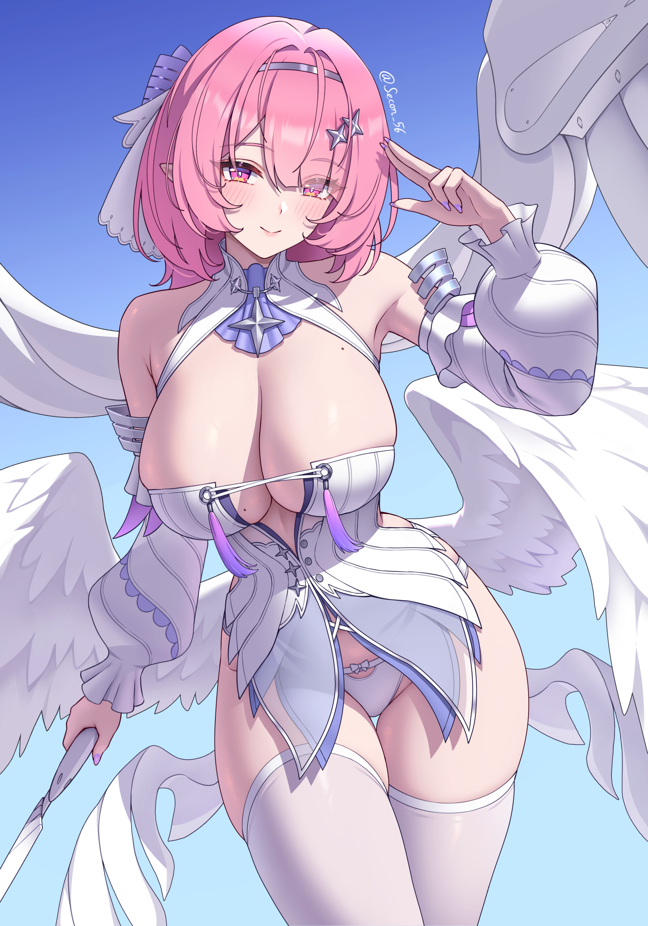 1girl, absurdres, armpit crease, ascot, blue background, blush, bow, bow panties, breasts, cleavage, closed mouth, colored nails, commentary, detached sleeves, dress, english commentary, eyeshadow, feathered wings, fingernails, gradient background, hair intakes, hair ornament, hairclip, highres, holding, huge breasts, long nails, long sleeves, looking at viewer, makeup, mechanical wings, medium hair, mole, mole on breast, multiple wings, nail polish, painted nails, panties, pantyshot, pink eyes, pink eyeshadow, pink hair, pink lips, pointy ears, purple ascot, purple nails, purple ribbon, remielle dan, revision, ribbon, salute, secon, smile, solo, tassel, thick thighs, thighhighs, thighs, three-finger salute, twitter username, two-tone background, underwear, white background, white bow, white dress, white panties, white ribbon, white sleeves, white thighhighs, white wings, wings, zenless zone zero