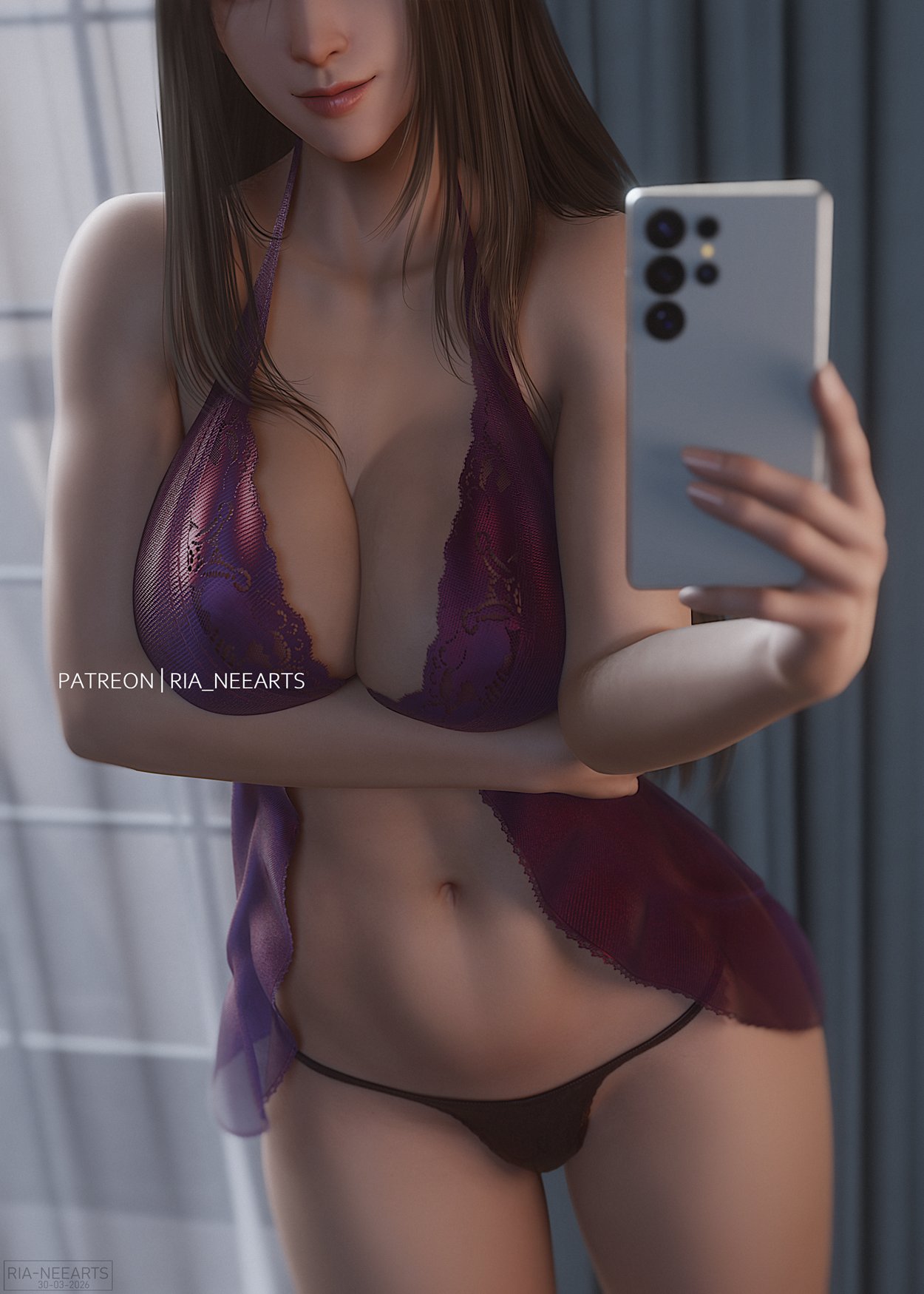big breasts, final fantasy, final fantasy vii, final fantasy vii remake, lingerie, mirror selfie, phone, purple lingerie, ria-neearts, selfie, tifa lockhart