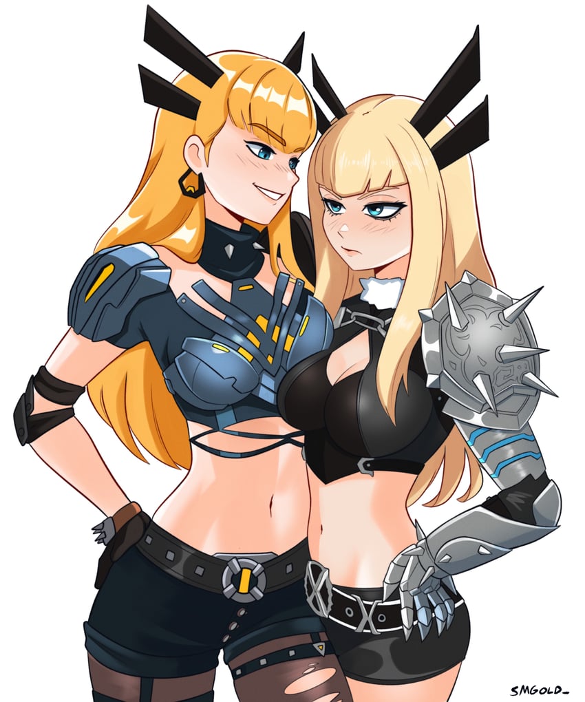 2d, 2girls, abdomen, black clothing, blonde female, blonde hair, blush, cleavage, cleavage cutout, clothed, clothing, clothing cutout, crop top, dual persona, eyelashes, hand on hip, light blush, light skin, light-skinned female, long hair, looking at another, magik (illyana rasputin), magik (marvel rivals), magik (marvel tokon), marvel, marvel comics, marvel rivals, marvel tokon: fighting souls, medium breasts, multiversal counterpart grouping, mutant (marvel), navel, pantyhose, pantyhose under shorts, russian female, same person, short shorts, shorts, simple background, smgold, smile, spikes, square crossover, white background, x-men, yuri