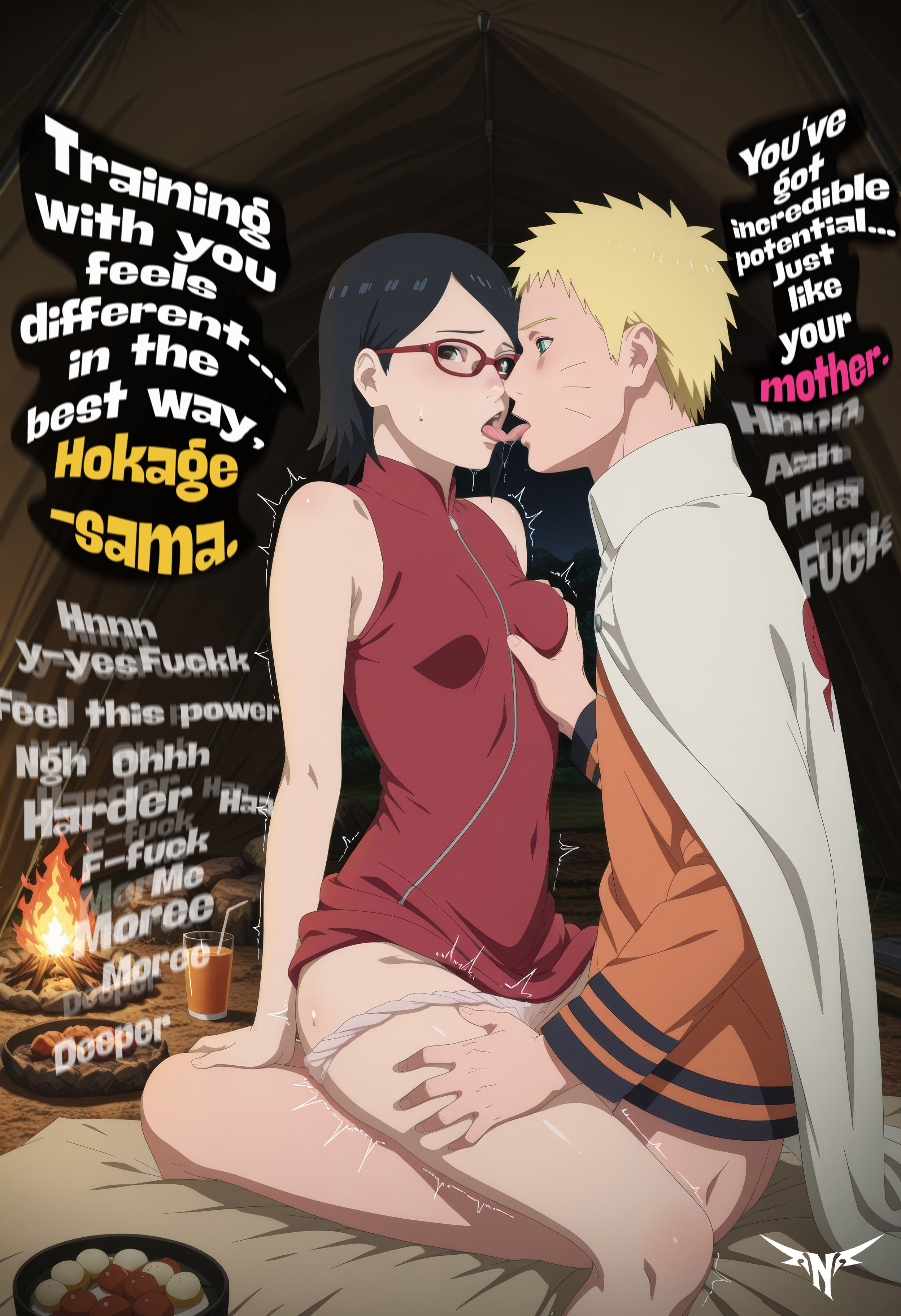1boy, 1boy1girl, 1girls, absurd res, age difference, ai generated, boruto: naruto next generations, breast grab, campfire, camping, camping tent, cheating, cuckold, dil, drool, english text, father and son's girlfriend, female, food, french kiss, friends daughter, glasses, highres, hokage, juice, kissing, kissing while penetrated, male, naruto, naruto (series), naruto uzumaki, netorare, ntr, ntrkage, older, older dom younger sub, older male, older male and younger female, on lap, panties around one leg, panties down, rock, saliva, saliva drip, sarada uchiha, sex, short hair, sitting, sitting on lap, slim waist, small breasts, sons friend, sons girlfriend, sound effects, straight, tent, trembling, uchiha sarada, uzumaki naruto, wood