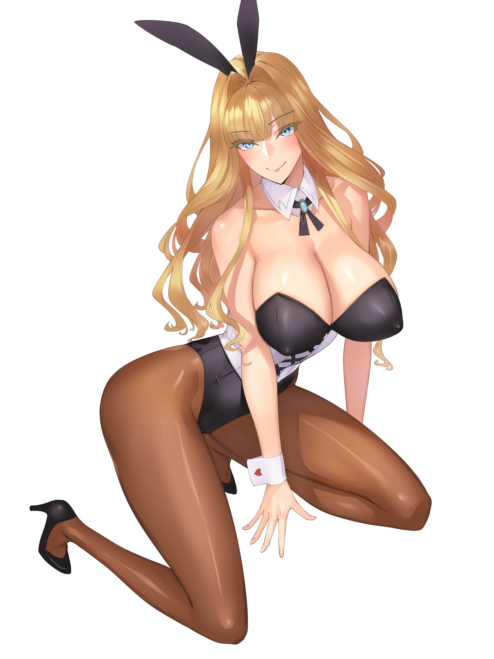 animal ears, bangs, bare shoulders, blonde hair, blue eyes, blunt bangs, breasts, brown legwear, bunny ears, bunny girl, bunnysuit, clavicle, cleavage, damegane, detached collar, erect nipples, erect nipples under clothes, fake animal ears, female, hair intakes, heart, high heels, high resolution, kneeling, large breasts, long hair, looking at viewer, nipples, no bra, original, pantyhose, shoes, smile, solo, victoria (damegane), wrist cuffs