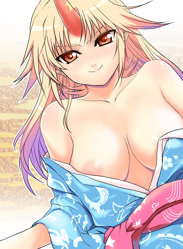 1girls bare_shoulders blonde_hair breasts breasts_apart cleavage female horn horns hoshiguma_yuugi hoshiguma_yuugi_(promo) japanese_clothes kimono kimono_pull large_breasts long_hair nipples red_eyes smile solo takadoya touhou yukata