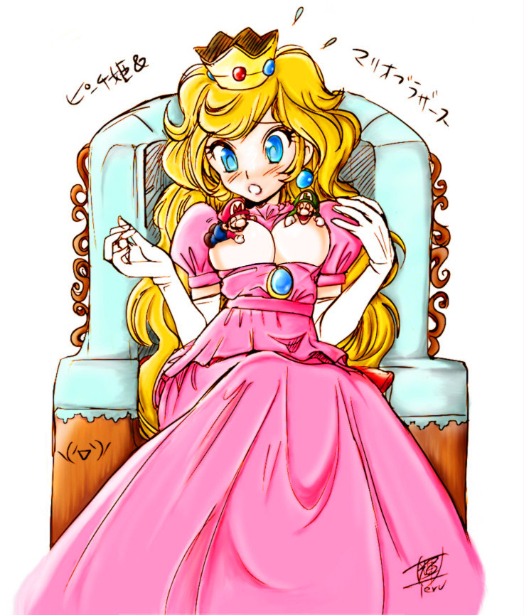 blonde_hair blush breasts cleavage dress luigi mario mario_(series) miniboy nintendo princess_peach straight_hair super_mario_bros. teruchan