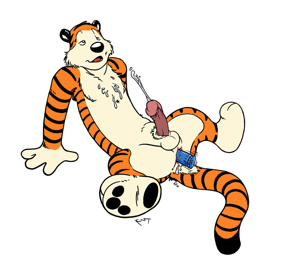 anal anthro armpit_hair calvin_and_hobbes cum dildo fur furry hobbes insertion male male_only puberty pubes pubic_hair sitting solo tiger white_background