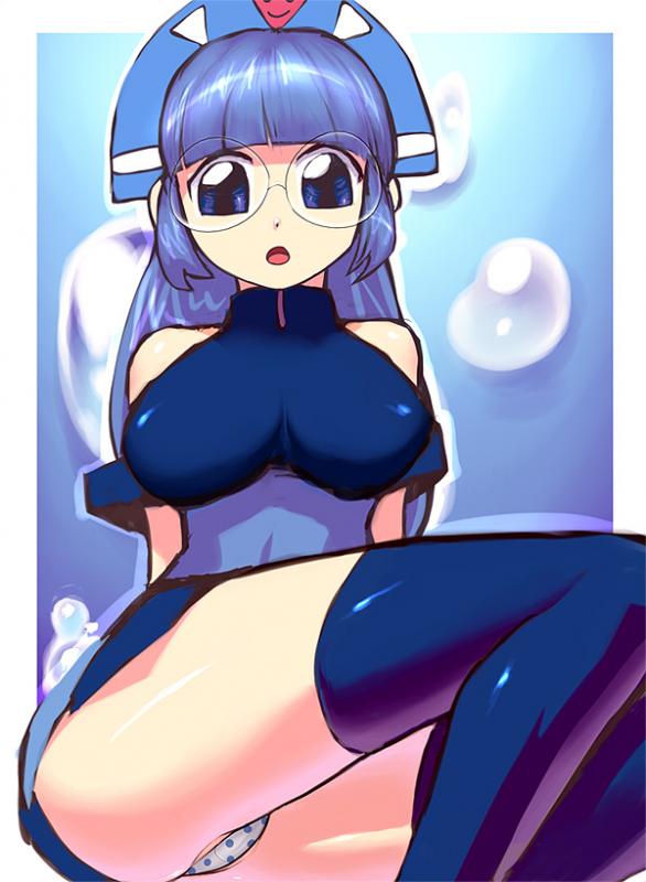 blue_eyes blue_hair breasts glasses gluko large_breasts long_hair mon_colle_knights panties underwear