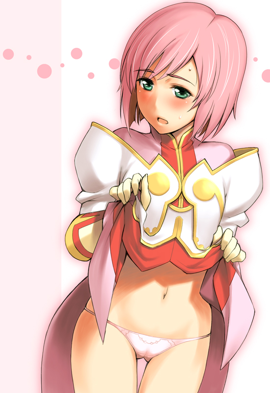 blush dress dress_lift estellise_sidos_heurassein gloves green_eyes looking_away lowleg lowleg_panties panties pink_hair seki_suzume short_hair shy tales_of_(series) tales_of_vesperia underwear