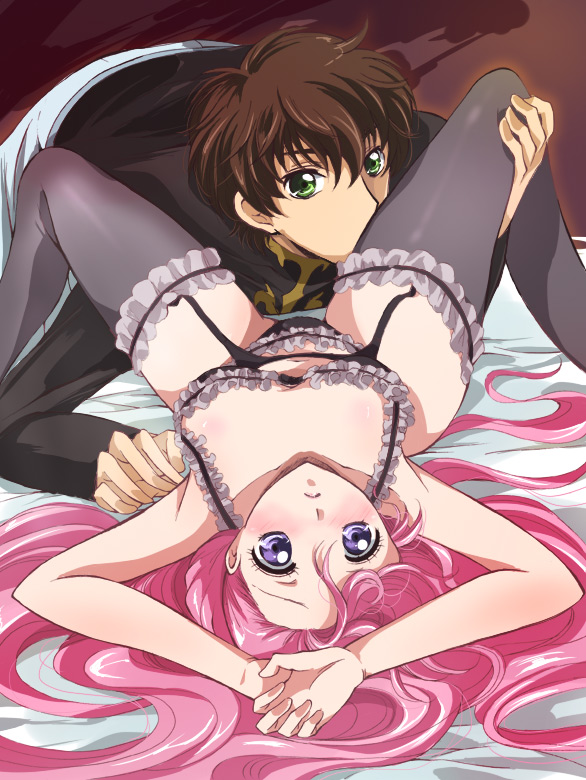 bed black_bra black_panties blush bra brown_hair code_geass couple euphemia_li_britannia female frilled_panties frills garter_belt garter_straps green_eyes kurimomo kururugi_suzaku lingerie long_hair looking_at_viewer lying panties pink_hair purple_eyes short_hair spread_legs thighhighs underwear