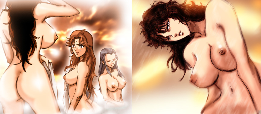 2008 3girls ass black_hair breasts brown_hair closed_eyes curvaceous female grey_hair hokuto_no_ken human large_breasts light-skinned_female light_skin long_hair mamiya_(hokuto_no_ken) midriff multiple_girls nipples nude orange_hair patsuki shounen_jump steam tou towel yuria_(hokuto_no_ken)