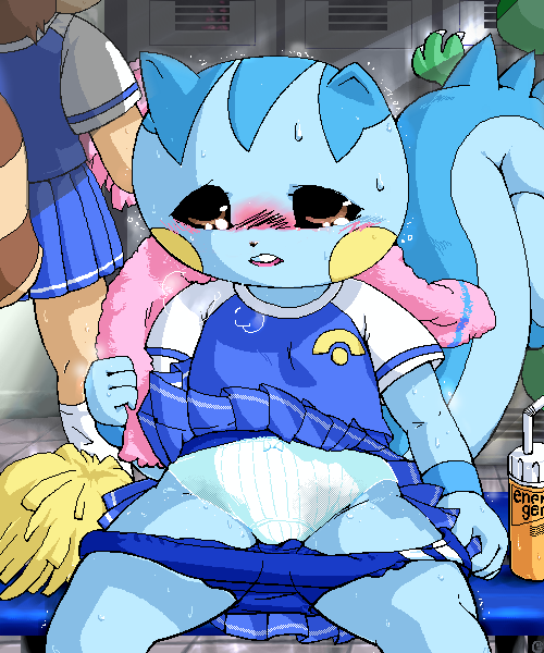 anthro blue_fur bulbasaur clothes female fur furret furry_ears furry_tail g-sun indoors interspecies nintendo pachirisu panties pointy_ears pokémon_(species) pokemon pokemon_dppt pokemon_gsc pokemon_rgby raised_tail shirt sitting skirt smooth_skin solo_focus tagme tail underwear