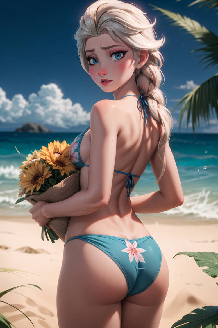 1girls ai_generated beach bikini bra disney disney_princess elsa elsa_(frozen) female female_only frozen_(film) frozen_2 panties top