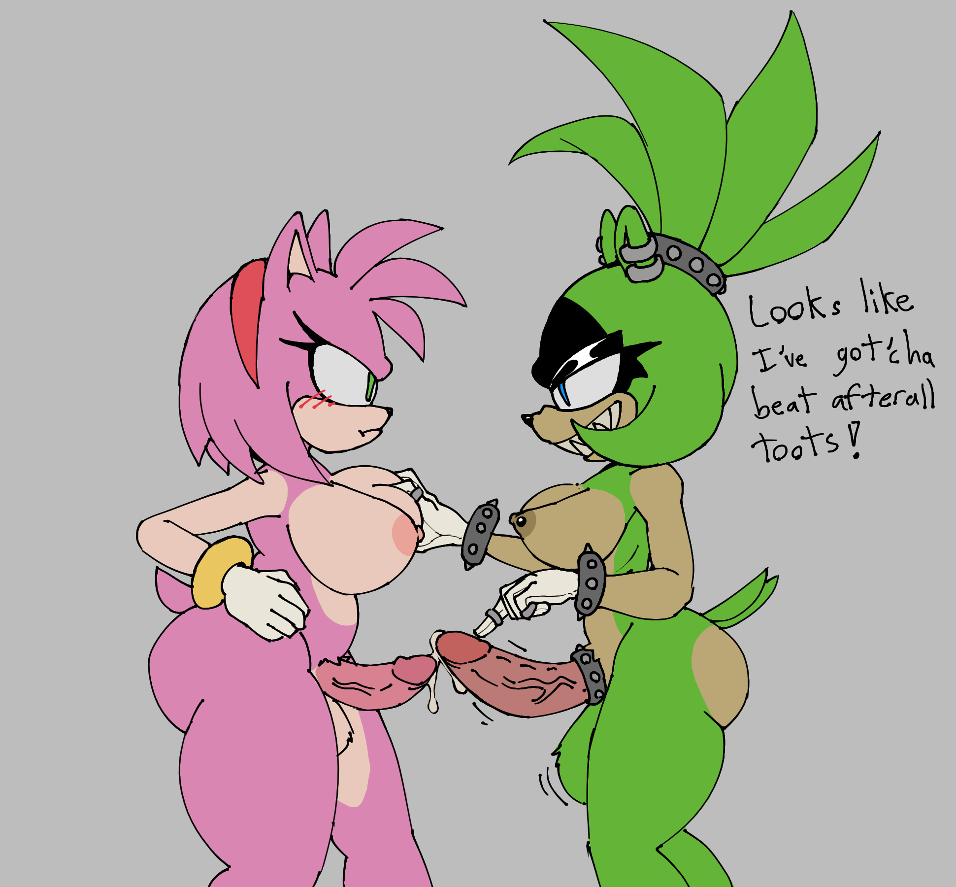 2futas, amy rose, anthro, artist request, ass, balls, big balls, breast grab, breasts, cock ring, dialogue, fur, futa on futa, futanari, green fur, idw publishing, intersex, large penis, nipple piercing, nipples, penis, penis size comparison, penis size difference, piercing, pink fur, precum, sega, sonic (series), sonic the hedgehog (comics), sonic the hedgehog (idw), sonic the hedgehog (series), source request, surge the tenrec, text