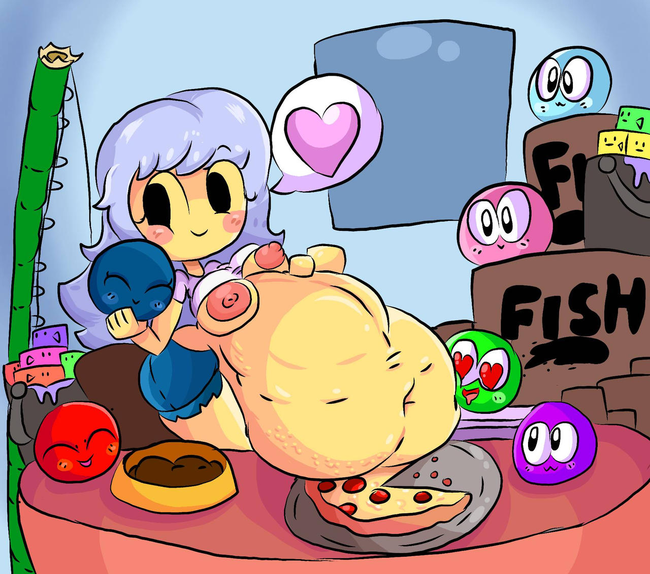 1girls big_breasts black_eyes blue_hair blush breast_out clothed drooling female female_pred heart heart-shaped_eyes heart-shaped_pupils holding_object huge_ass huge_belly huge_thighs hyper_belly jorts light_skin meep_(meepcity) meepcity mysticemerald_(artist) nitrobutter pizza roblox robloxian vore vore_belly