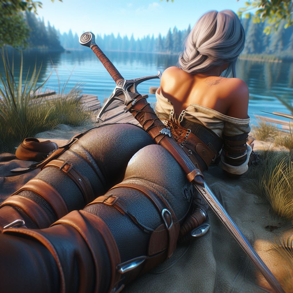ai generated, ass, ciri, female, lake, sand, solo, sword, the witcher (series), the witcher 3: wild hunt, white hair, witcherzonensfw