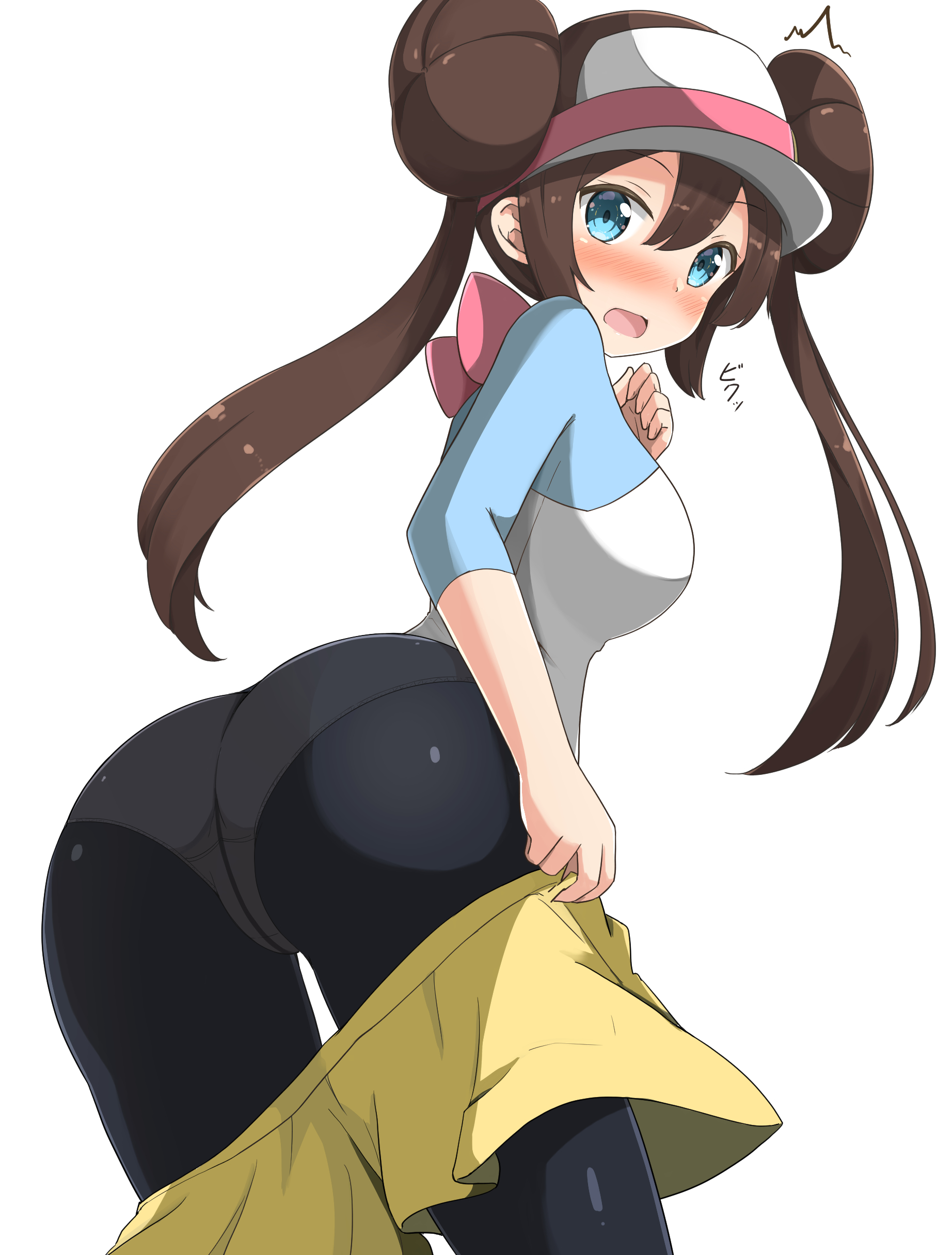 1girls, artist request, ass, big ass, blush, breasts, clothed, eye contact, female, hair bun, human, human only, long hair, looking at viewer, nintendo, panties, panties under pantyhose, pantyhose, pantyhose under shorts, pantyhose under skirt, pokemon, pokemon bw2, rosa (pokemon), shirt, shorts, skirt, skirt removed, solo, source request, surprised, thigh gap, visor, visor cap, wide hips, yellow shorts, yellow skirt