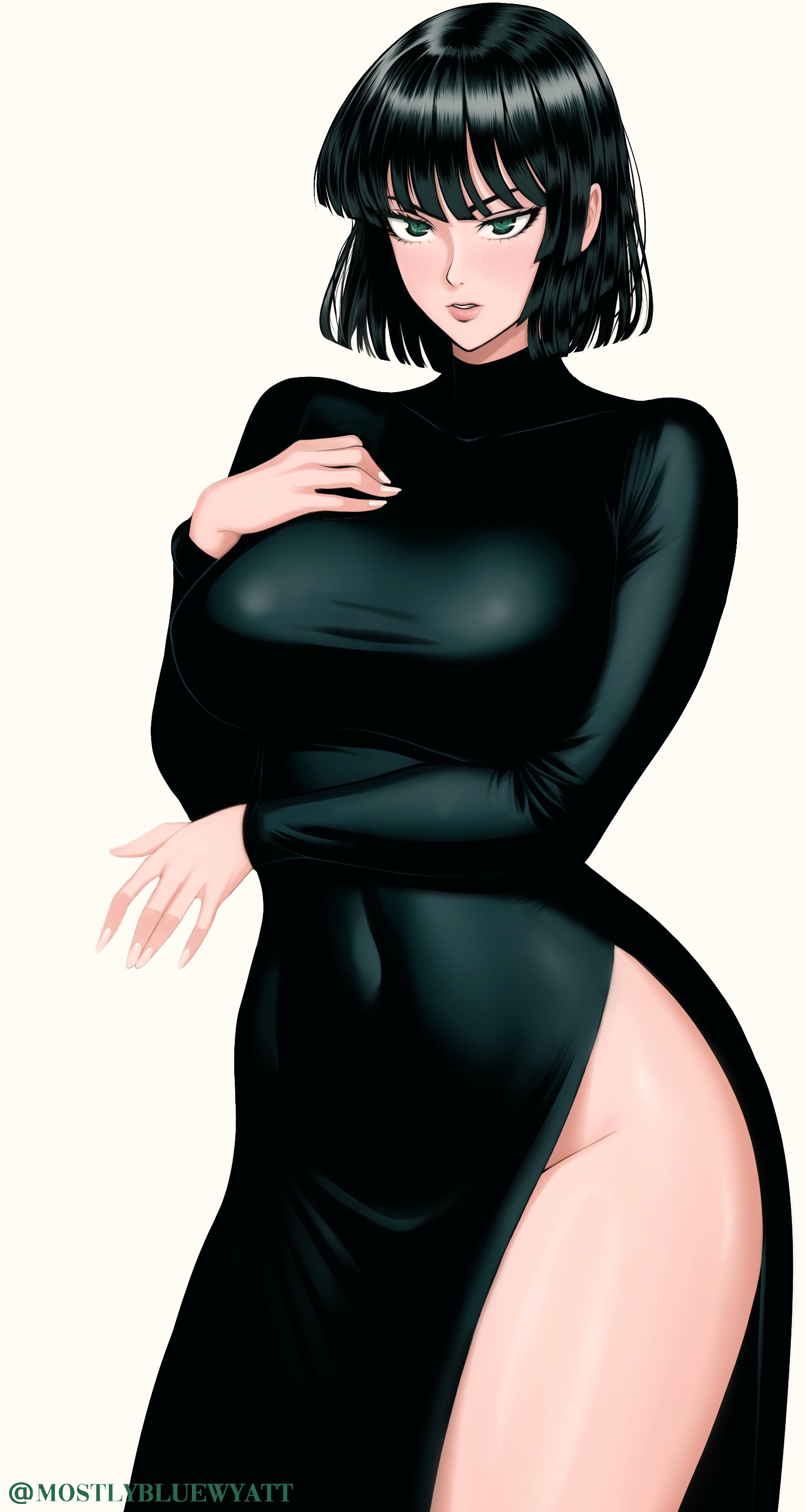 1girls, arm support, big breasts, blush, breasts, clothed, clothing, color, dress, exposed thighs, female, female focus, female only, fubuki (one-punch man), green eyes, green hair, hi res, large breasts, light skin, light-skinned female, looking at viewer, mostlybluewyatt, one-punch man, short hair, solo, solo female, tagme, thick thighs