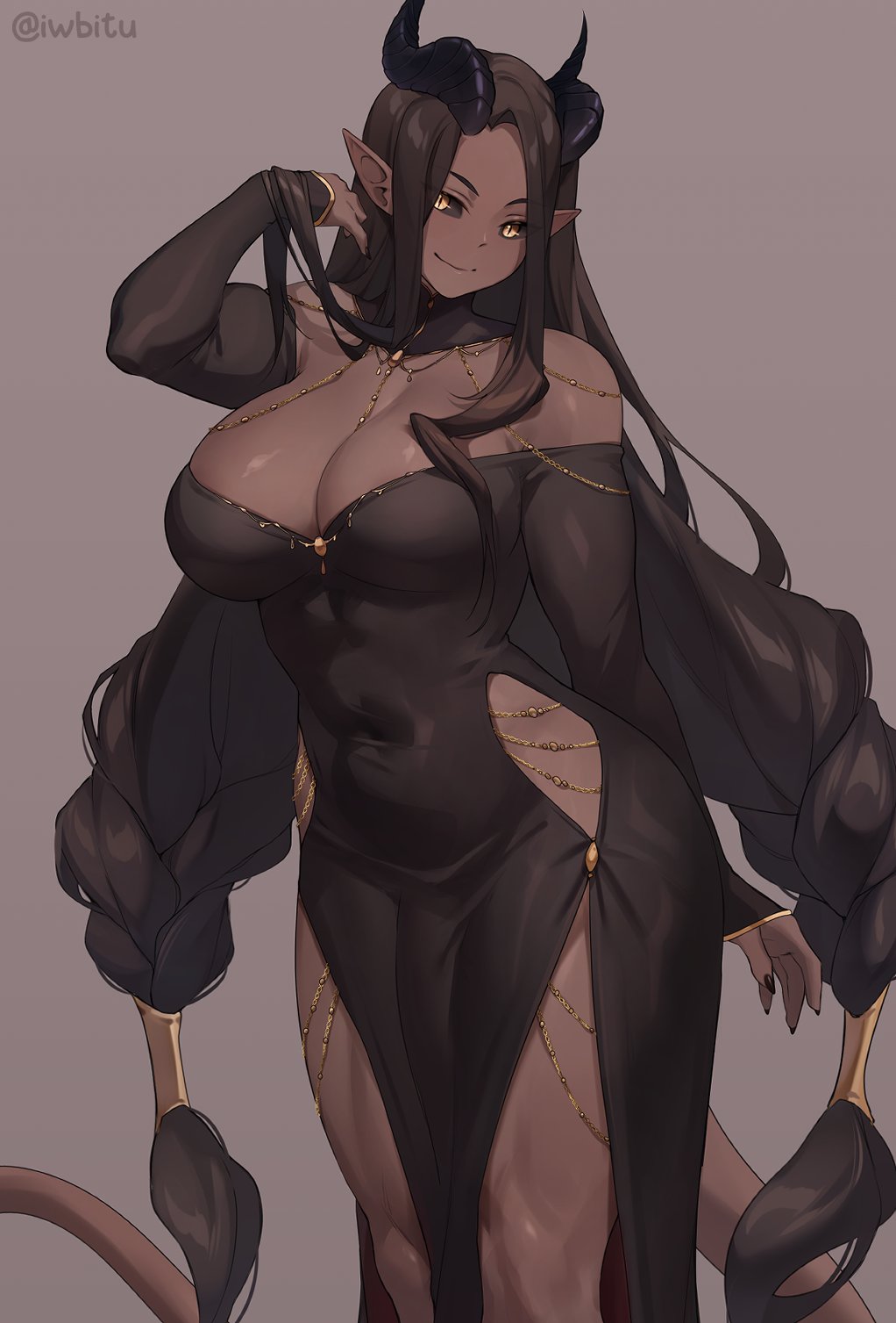 alternate version available, big breasts, big penis, braid, breasts, brown hair, clothed, clothing, dark skin, dress, fully clothed, futanari, horns, humanoid, intersex, iwbitu, long hair, oc, original, penis, pointy ears, solo, standing, thick thighs, tight clothing, twintails, wide hips