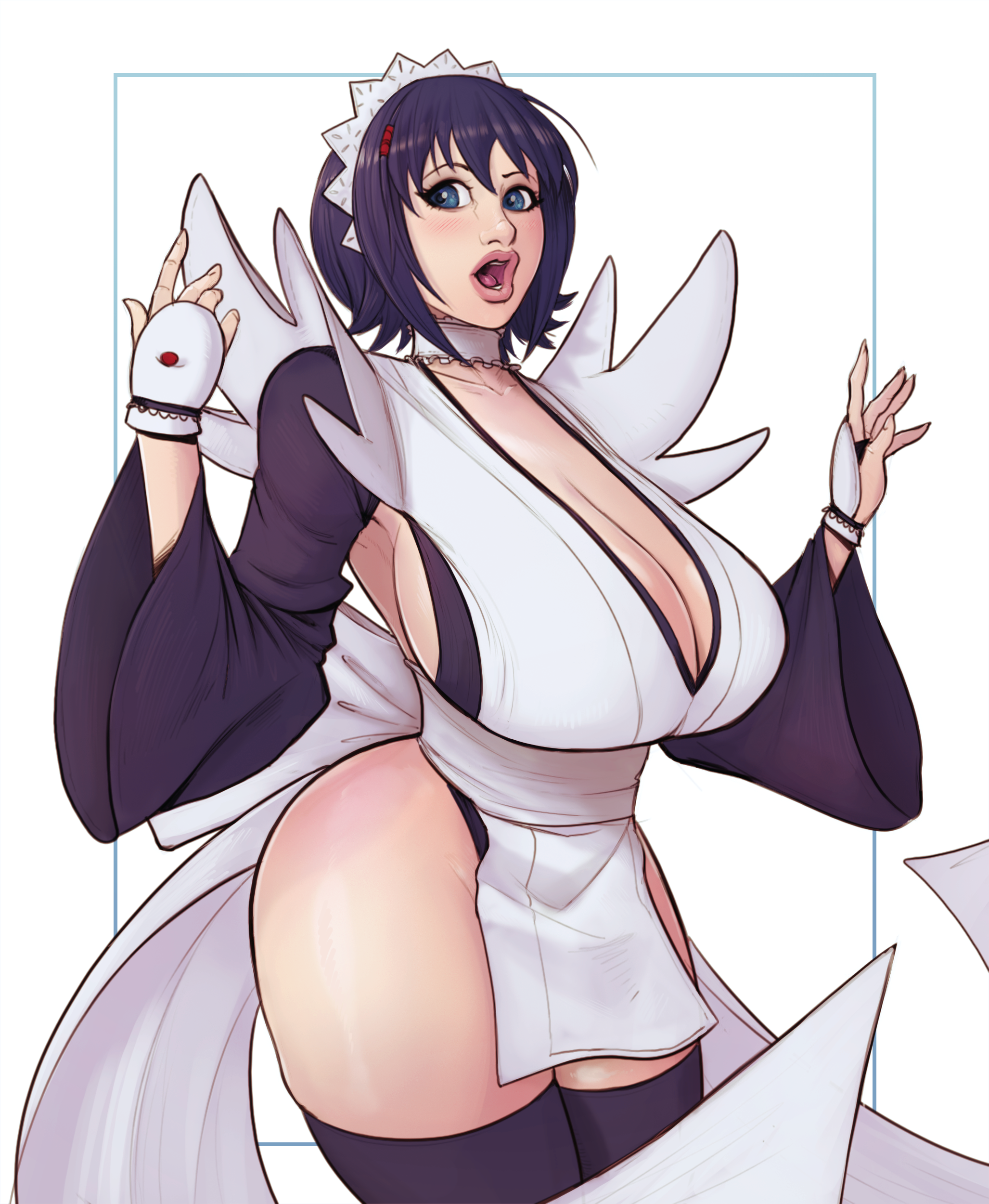 1girls, bare thighs, big breasts, blue eyes, blush, blushing, breasts, busty, cleavage, curvaceous, curvy, devil hs, eyelashes, female, female only, fingerless gloves, hourglass figure, huge breasts, iroha, japanese clothes, large breasts, lipstick, maid, maid headdress, maid uniform, makeup, pinup, pose, posing, samurai shodown, snk, solo, standing, tagme, thick thighs, thighhighs, voluptuous, wide hips