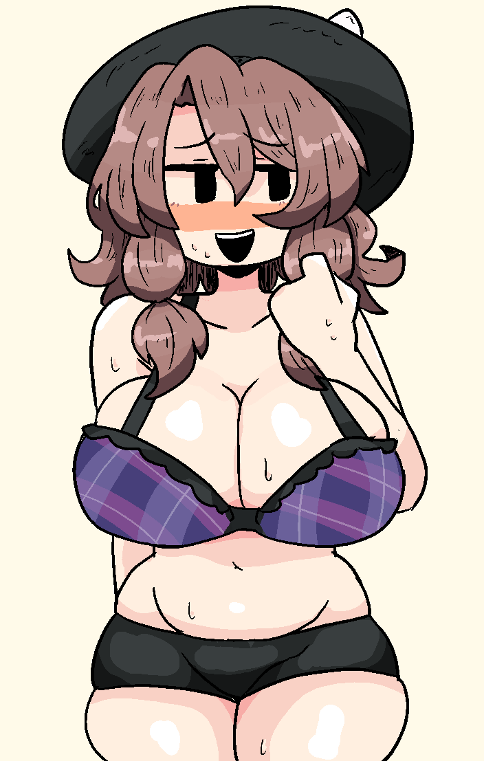 1girls alternate_version_available big_breasts blush bra breasts brown_hair cleavage doodle hat light-skinned_female notnoe_(dxcl) open_mouth request sfw_version_available shorts solo solo_female sumireko_usami sweat teeth thick_thighs thighs touhou white_background