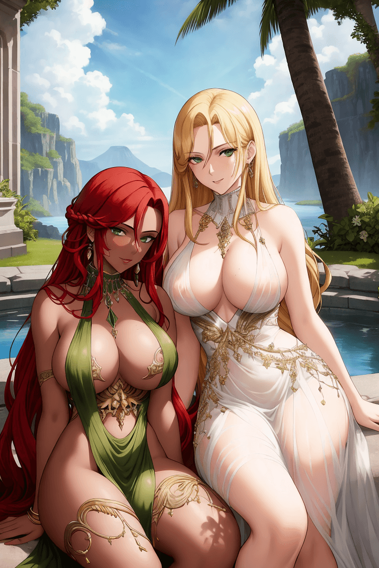 2girls, ai generated, bare legs, big breasts, blonde hair, blush, braided hair, breasts, cleavage, commentary request, curvaceous, curvy, dark skin, dark-skinned female, earrings, female, female only, gold jewelry, green clothing, green eyes, hair between eyes, homosexual, hourglass figure, huge breasts, interracial, interracial yuri, jewelry, lesbian couple, lia the busty redhead, lipstick, long hair, looking at viewer, no panties, original, original characters, outdoors, outside, palm tree, red hair, revealing clothes, see-through, see-through dress, self upload, sitting, tagme, tanned, tanned female, tanned skin, thick thighs, thighs, voluptuous, voluptuous female, wet clothes, white body, white clothing, white skin, yuri