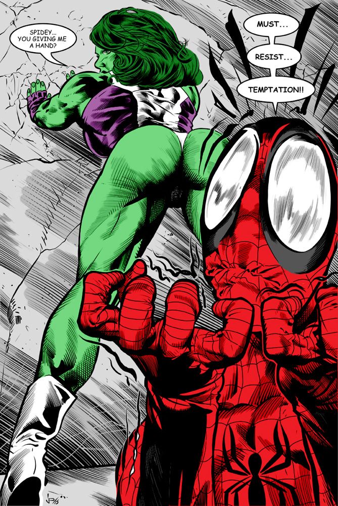 1boy, 1girls, against wall, alternate version available, apple butt, ass, big ass, big butt, boots, clothed, clothed female, clothed male, color, colored, dialogue, fat ass, female, fingerless gloves, footwear, funny, green eyes, green hair, green skin, green-skinned female, huge ass, hulk (series), ink, large ass, larger female, leotard, looking back, luis puig, male, marvel, marvel comics, oblivious, she-hulk, speech bubble, spider-man, spider-man (series), straight, suggestive pose, superhero, superheroine, thick ass