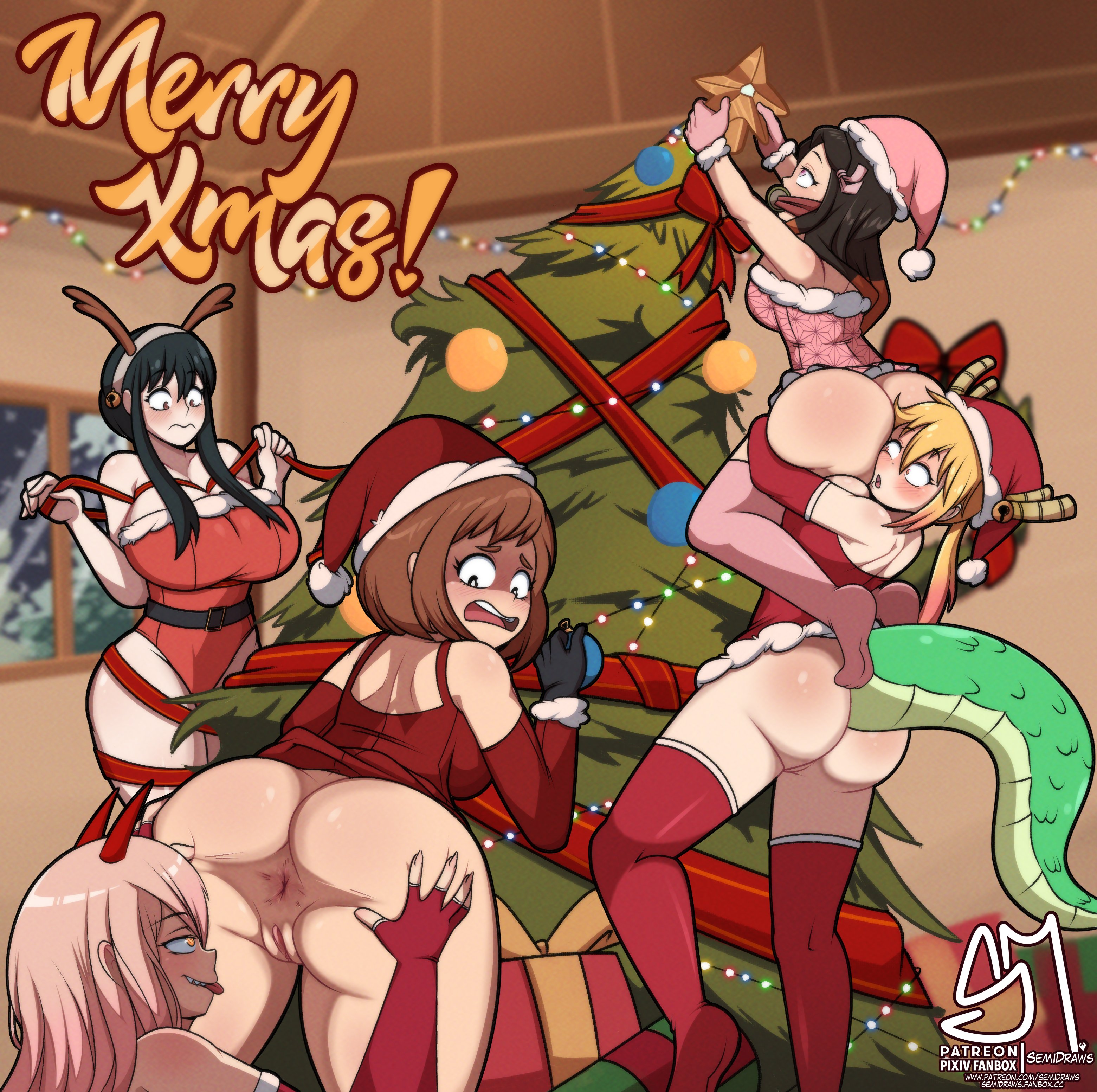 2022, 5girls, anilingus, anus, anus peek, ass, ass focus, ass grab, asshole, big ass, big breasts, black hair, black-haired female, blonde hair, blonde-haired female, breasts, brown hair, brown-haired female, casual, casual nudity, chainsaw man, christmas, crossover, demon slayer, dragon girl, facesitting, female, female focus, female only, group, horn, horns, imminent fellatio, imminent rimming, kamado nezuko, kimetsu no yaiba, leggings, miss kobayashi's dragon maid, multiple females, multiple girls, my hero academia, no panties, ochako uraraka, power (chainsaw man), rimming, santa costume, santa hat, scared, semidraws, shocked, spy x family, stockings, tail, thick thighs, thighs, tohru (dragon maid), tongue, tongue out, voice actor connection, watching, yor briar, yor forger, yuri