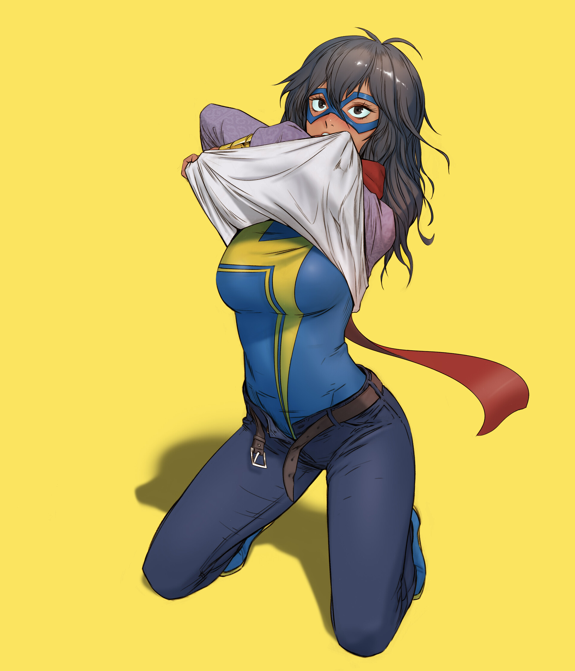 belt, blush, breasts, brown eyes, brown hair, clothing, dark skin, dark-skinned female, domino mask, female, female only, footwear, human, jeans, kamala khan, marvel, marvel comics, ms. marvel, muslim, muslim female, pakistani, pakistani female, petite, rupid79, shirt lift, solo, superheroine, unbuckled belt, yellow background